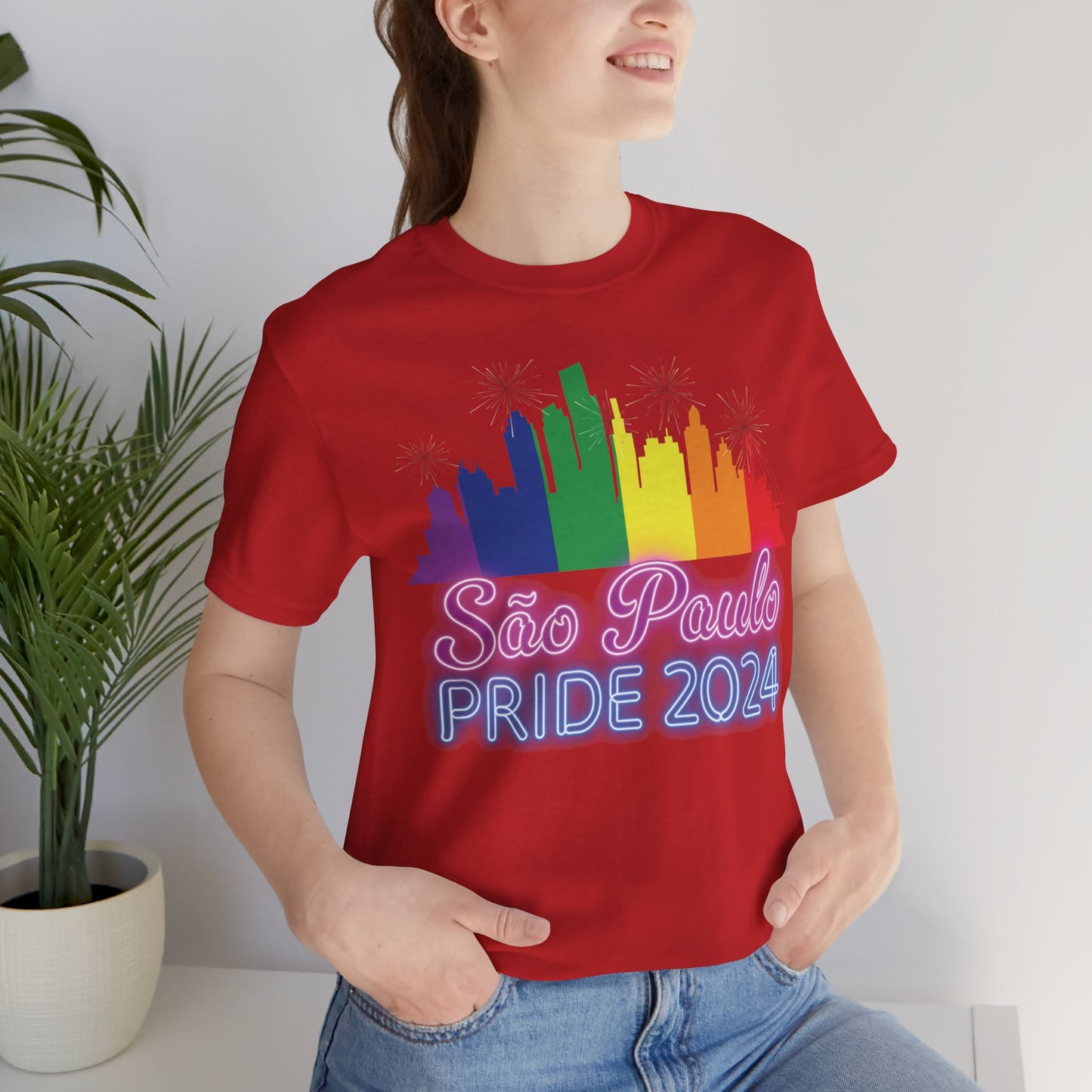 São Paulo Pride 2024 Unisex T-Shirt - Brazil Gay Pride Parade - Rainbow Flag City Skyline - Neon Print