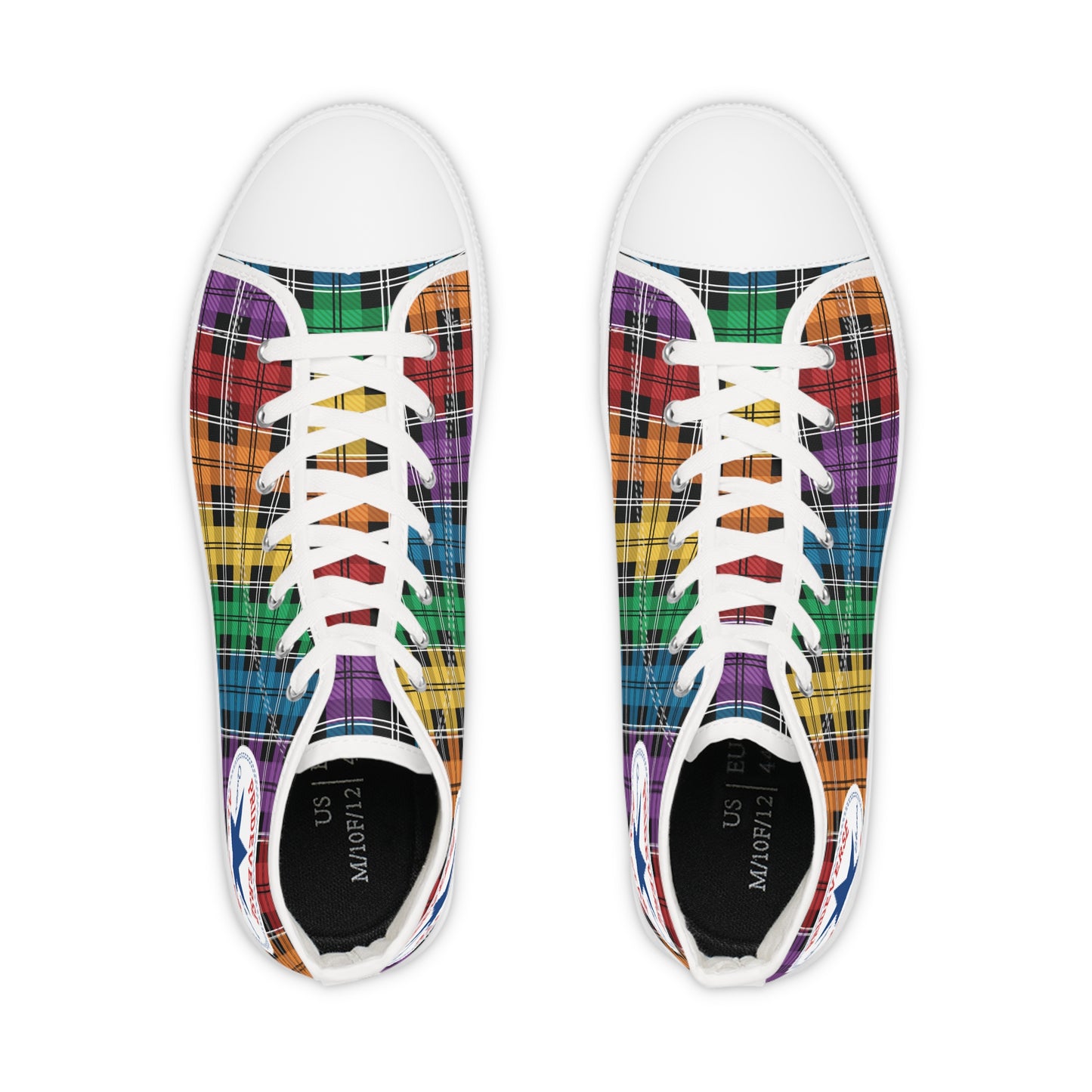 Prideverse Men's Gay Pride Flag Plaid High Top Sneakers - Red Orange Yellow Green Blue Indigo Violet Shoes - LGBTQIA LGBTQ LGBT