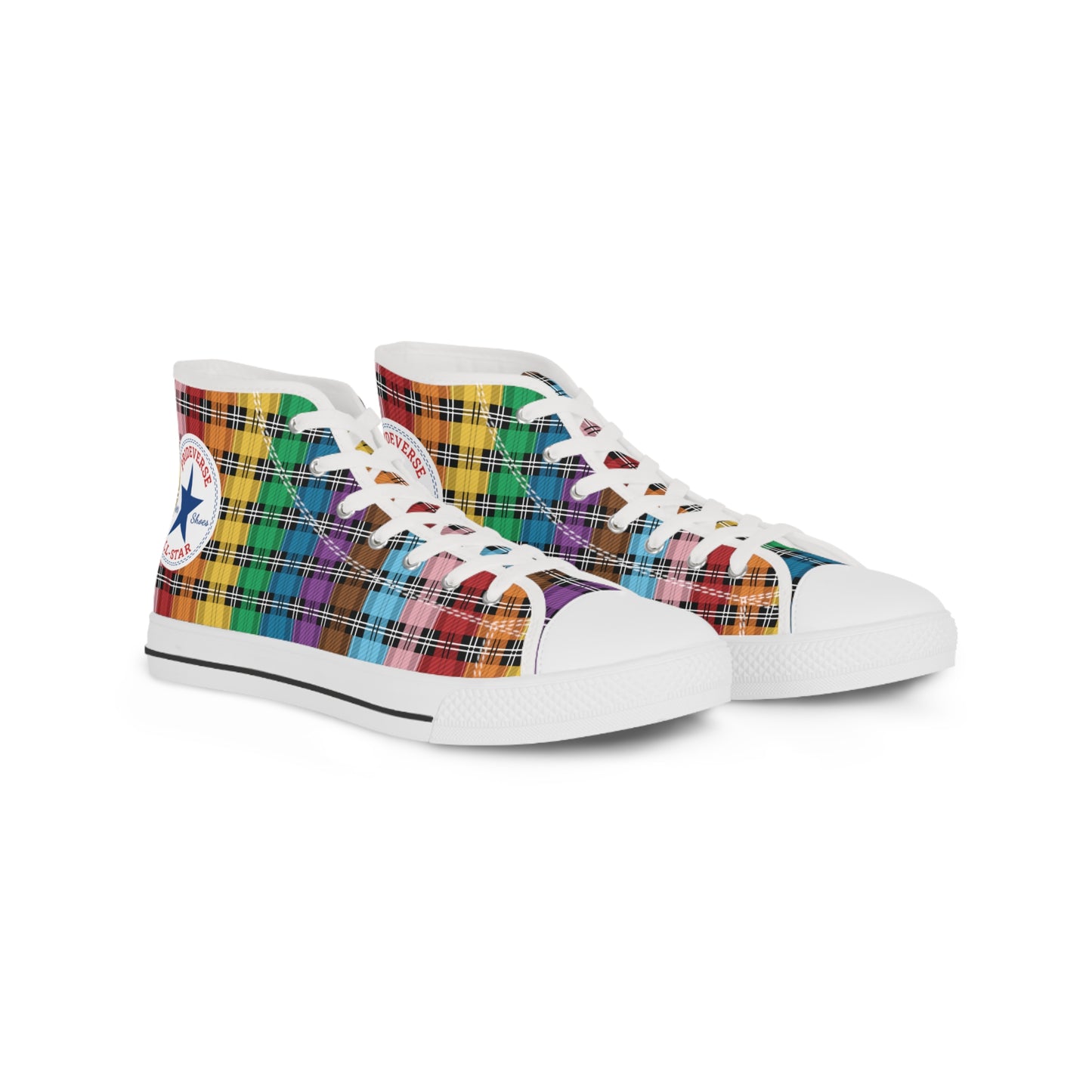 Prideverse Men's Progress Pride Flag Plaid High Top Sneakers - Red Orange Yellow Green Blue Indigo Violet Blue Pink Shoes - LGBTQIA LGBTQ LGBT