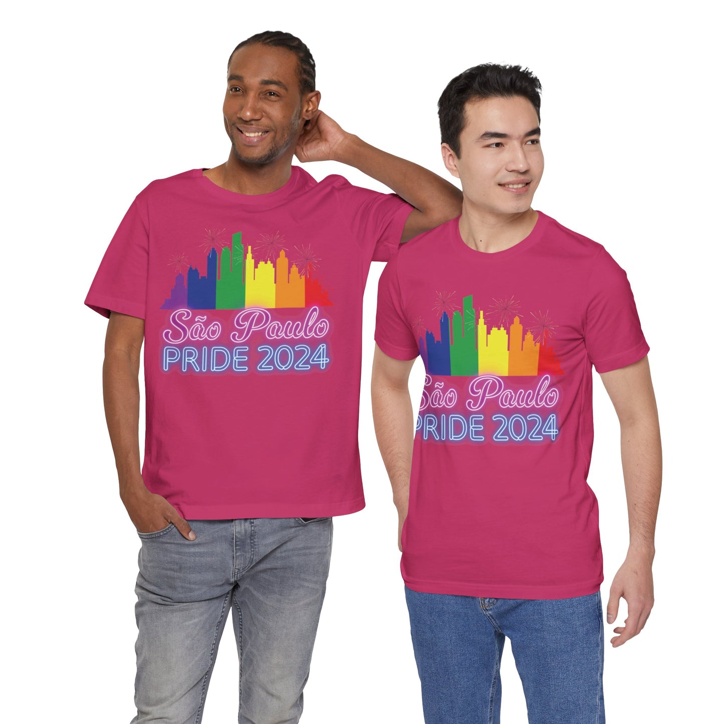 São Paulo Pride 2024 Unisex T-Shirt - Brazil Gay Pride Parade - Rainbow Flag City Skyline - Neon Print