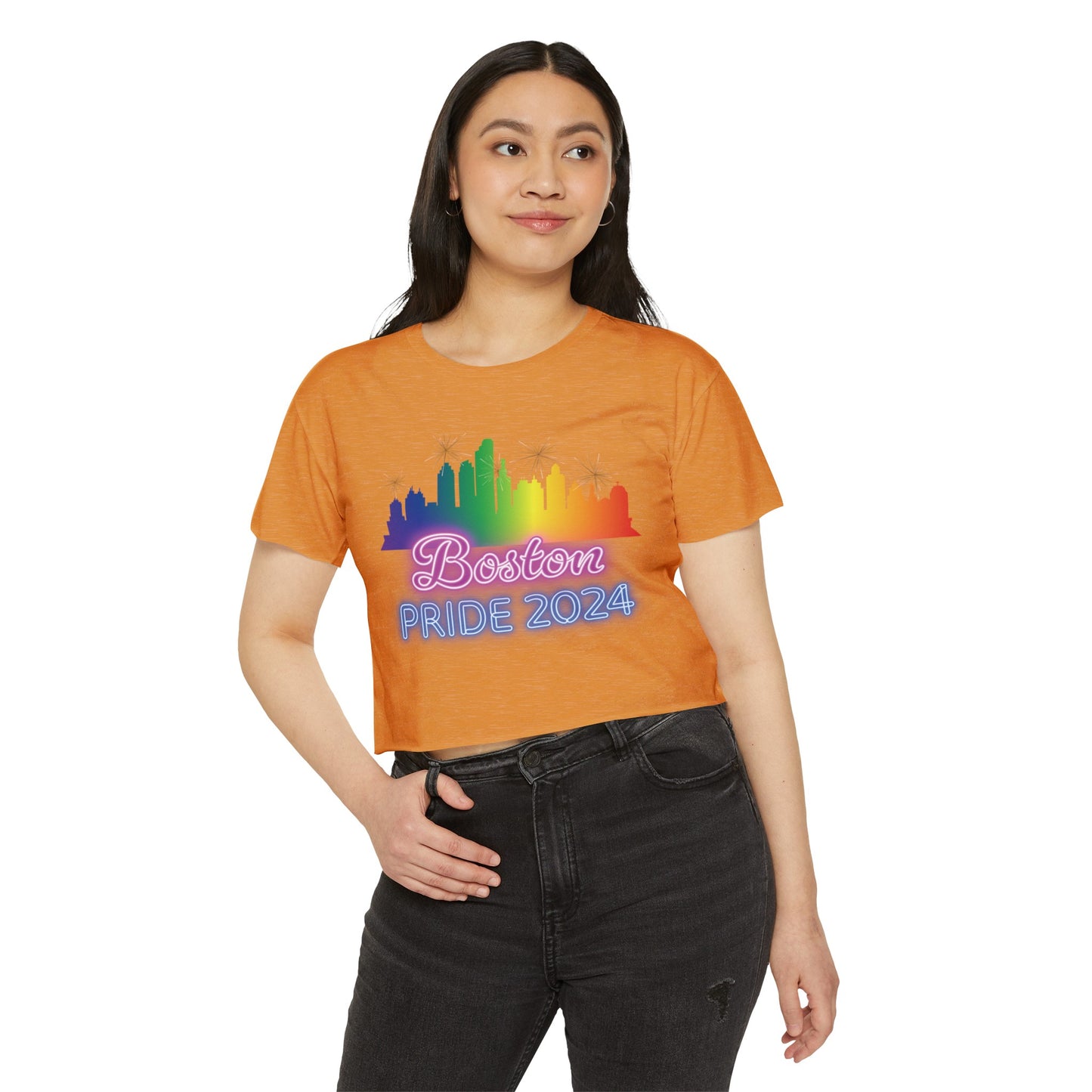 Boston Pride 2024 Neon Crop Top - Massachusetts Gay Pride Parade Cropped T-Shirt - Rainbow Flag City Skyline