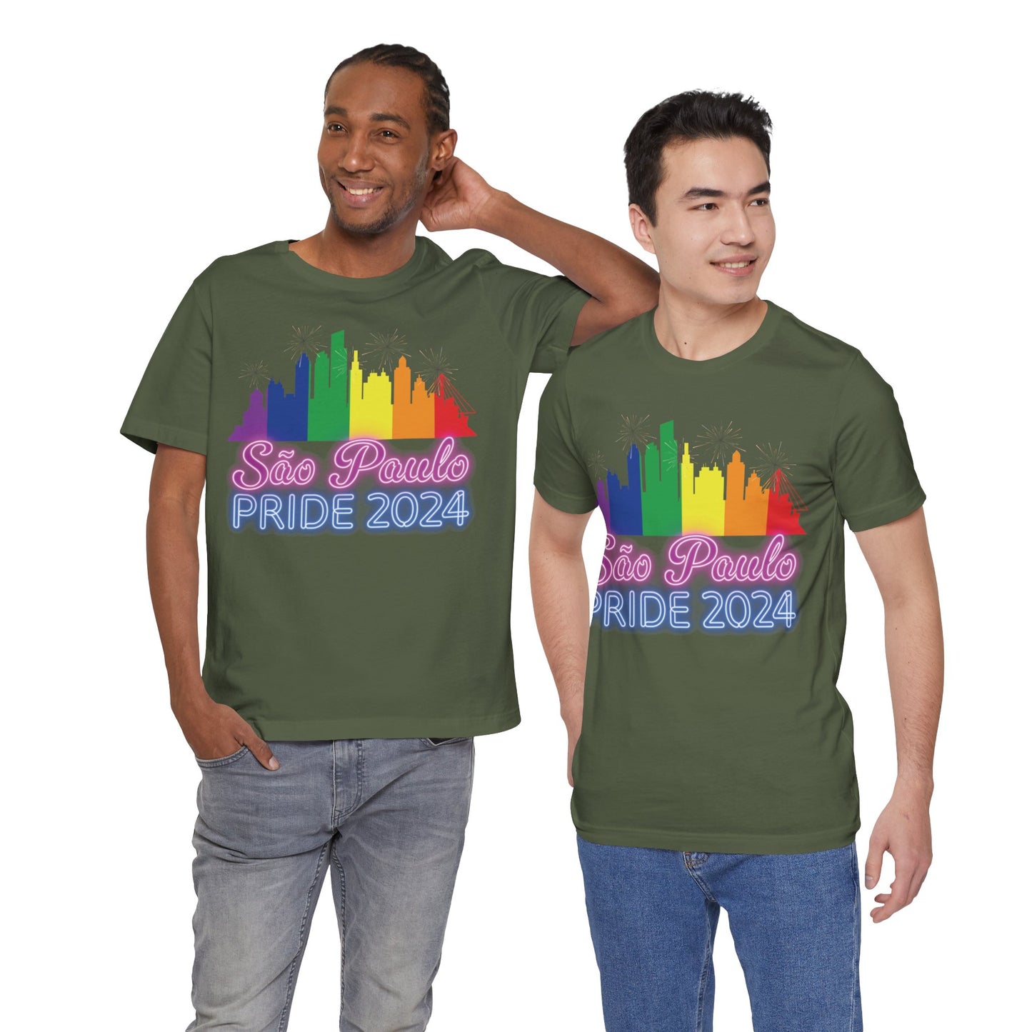 São Paulo Pride 2024 Unisex T-Shirt - Brazil Gay Pride Parade - Rainbow Flag City Skyline - Neon Print