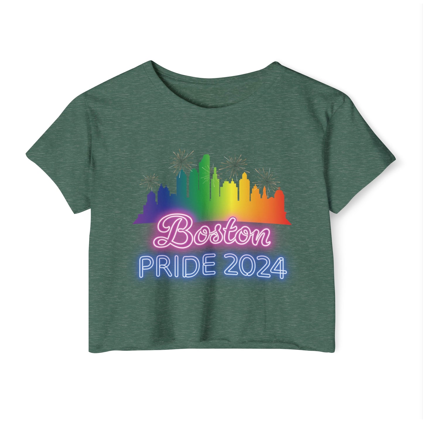 Boston Pride 2024 Neon Crop Top - Massachusetts Gay Pride Parade Cropped T-Shirt - Rainbow Flag City Skyline