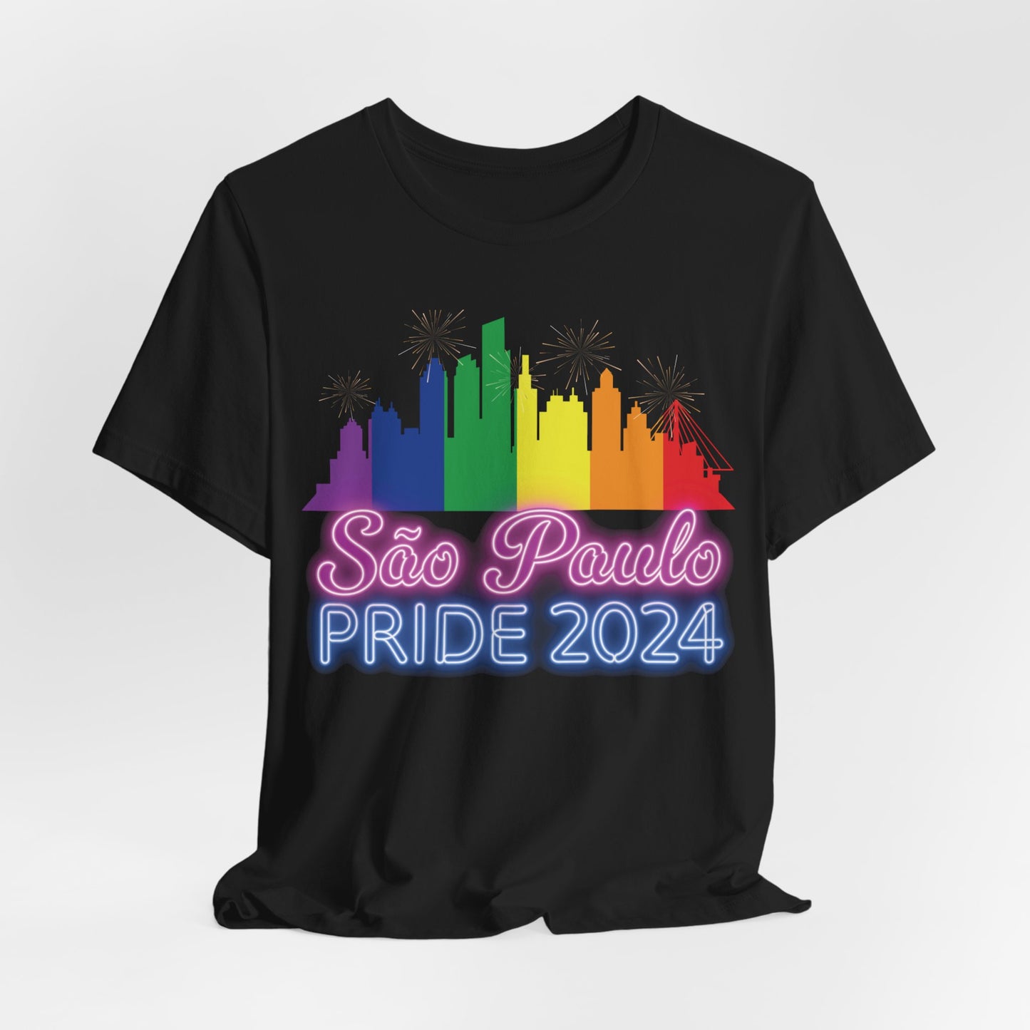 São Paulo Pride 2024 Unisex T-Shirt - Brazil Gay Pride Parade - Rainbow Flag City Skyline - Neon Print