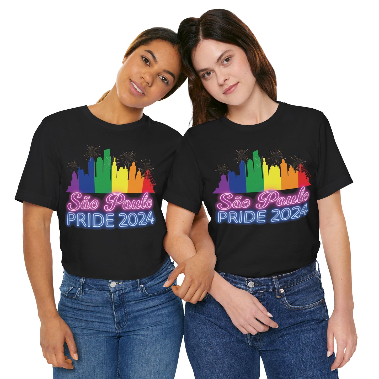 São Paulo Pride 2024 Unisex T-Shirt - Brazil Gay Pride Parade - Rainbow Flag City Skyline - Neon Print