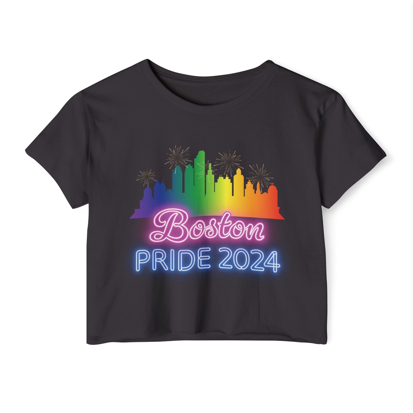 Boston Pride 2024 Neon Crop Top - Massachusetts Gay Pride Parade Cropped T-Shirt - Rainbow Flag City Skyline