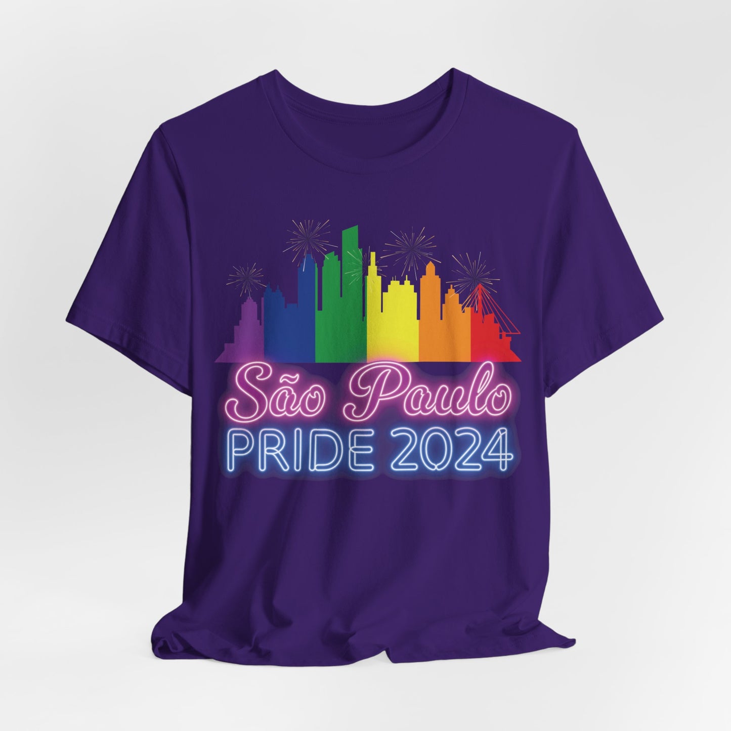 São Paulo Pride 2024 Unisex T-Shirt - Brazil Gay Pride Parade - Rainbow Flag City Skyline - Neon Print