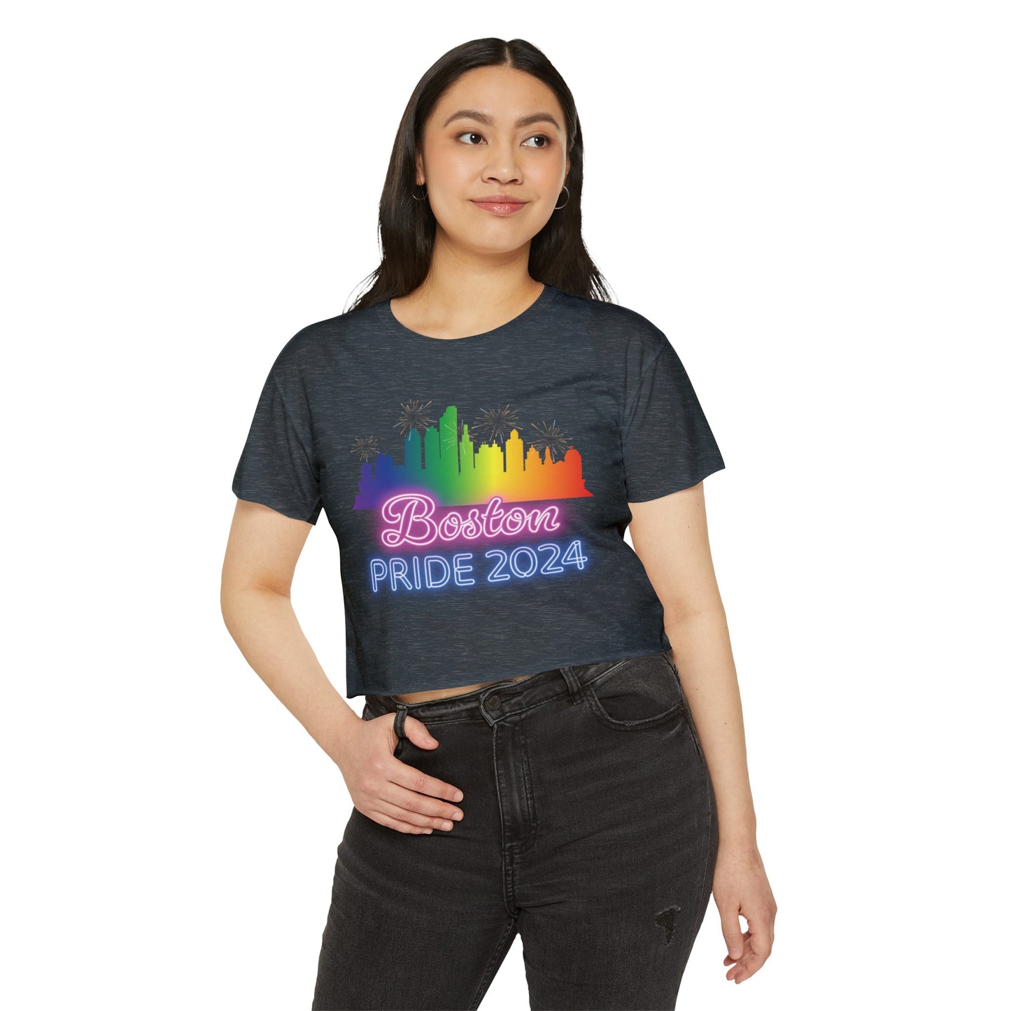 Boston Pride 2024 Neon Crop Top - Massachusetts Gay Pride Parade Cropped T-Shirt - Rainbow Flag City Skyline