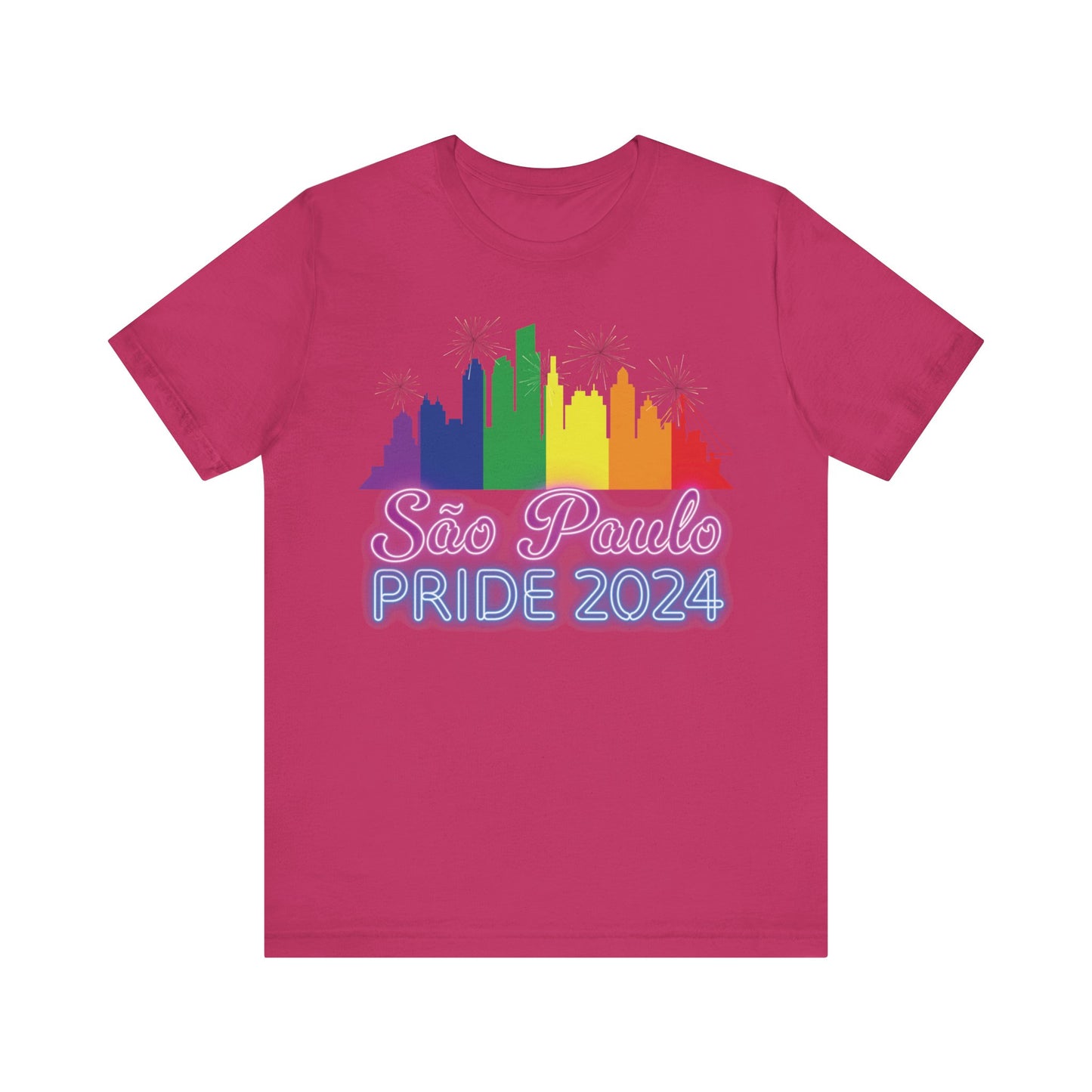 São Paulo Pride 2024 Unisex T-Shirt - Brazil Gay Pride Parade - Rainbow Flag City Skyline - Neon Print