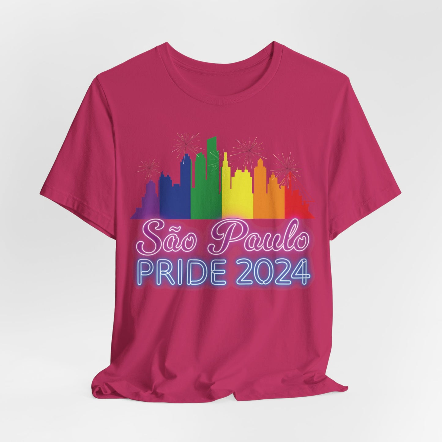 São Paulo Pride 2024 Unisex T-Shirt - Brazil Gay Pride Parade - Rainbow Flag City Skyline - Neon Print