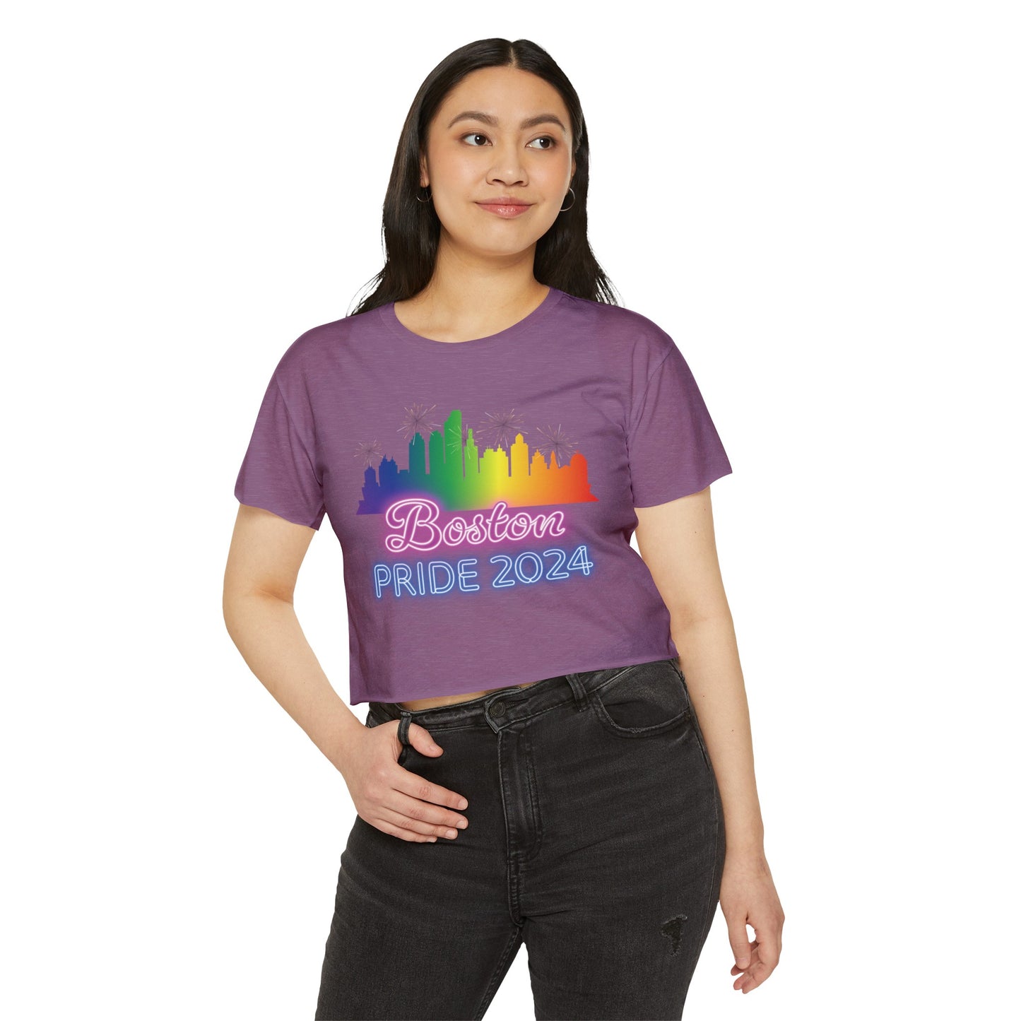 Boston Pride 2024 Neon Crop Top - Massachusetts Gay Pride Parade Cropped T-Shirt - Rainbow Flag City Skyline