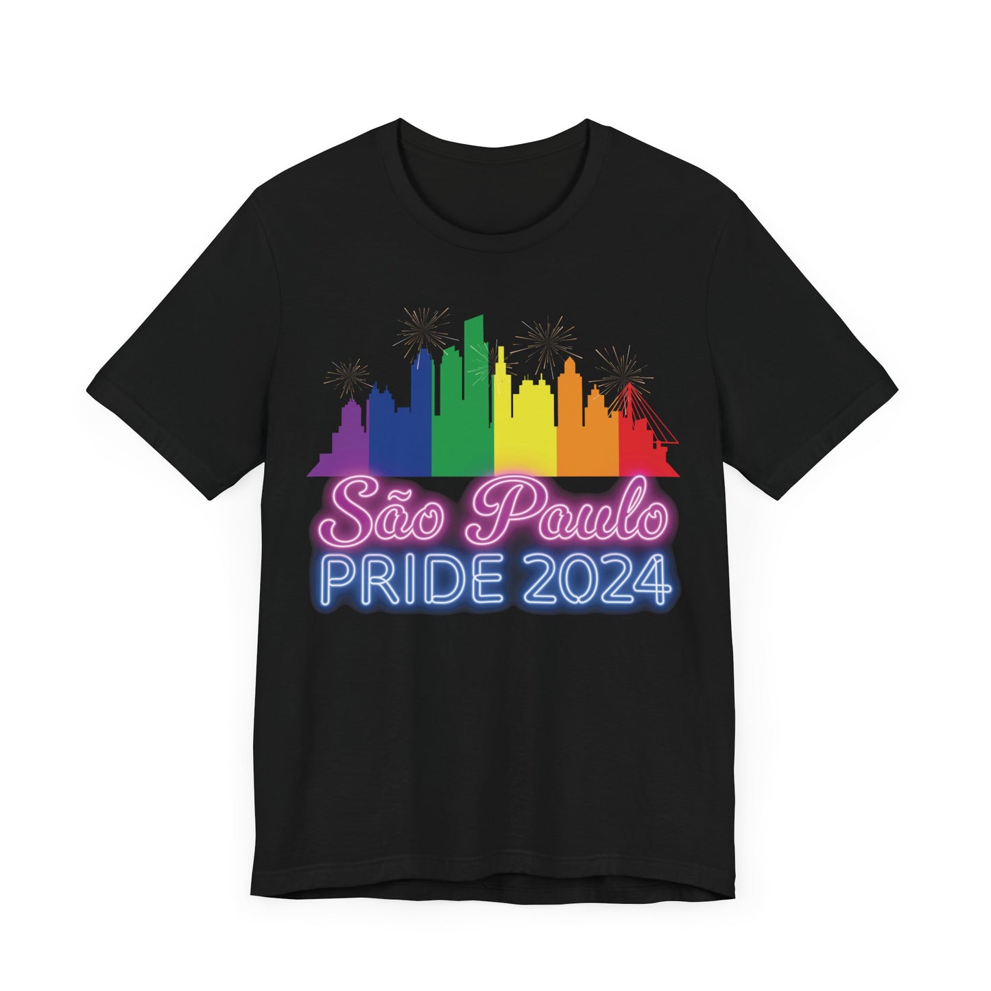 São Paulo Pride 2024 Unisex T-Shirt - Brazil Gay Pride Parade - Rainbow Flag City Skyline - Neon Print