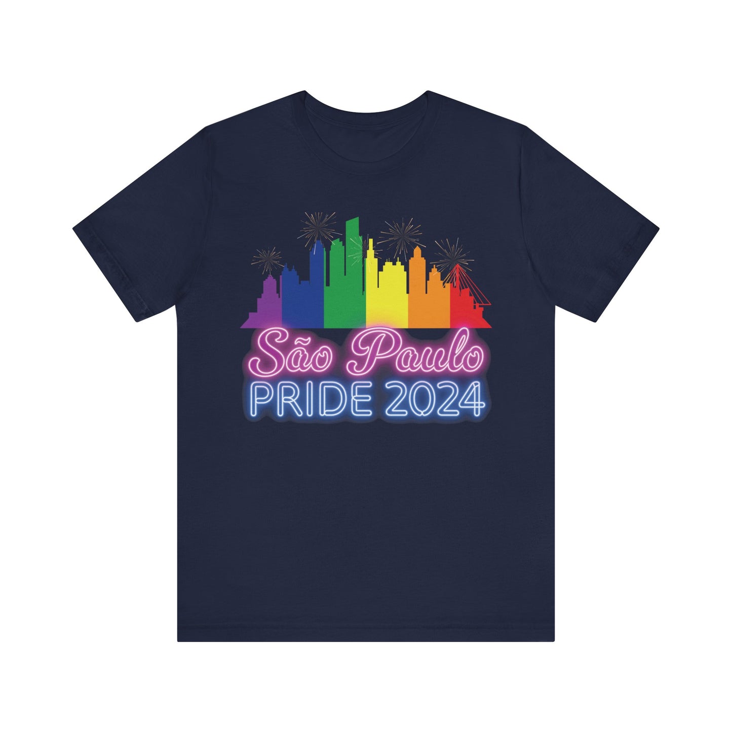 São Paulo Pride 2024 Unisex T-Shirt - Brazil Gay Pride Parade - Rainbow Flag City Skyline - Neon Print