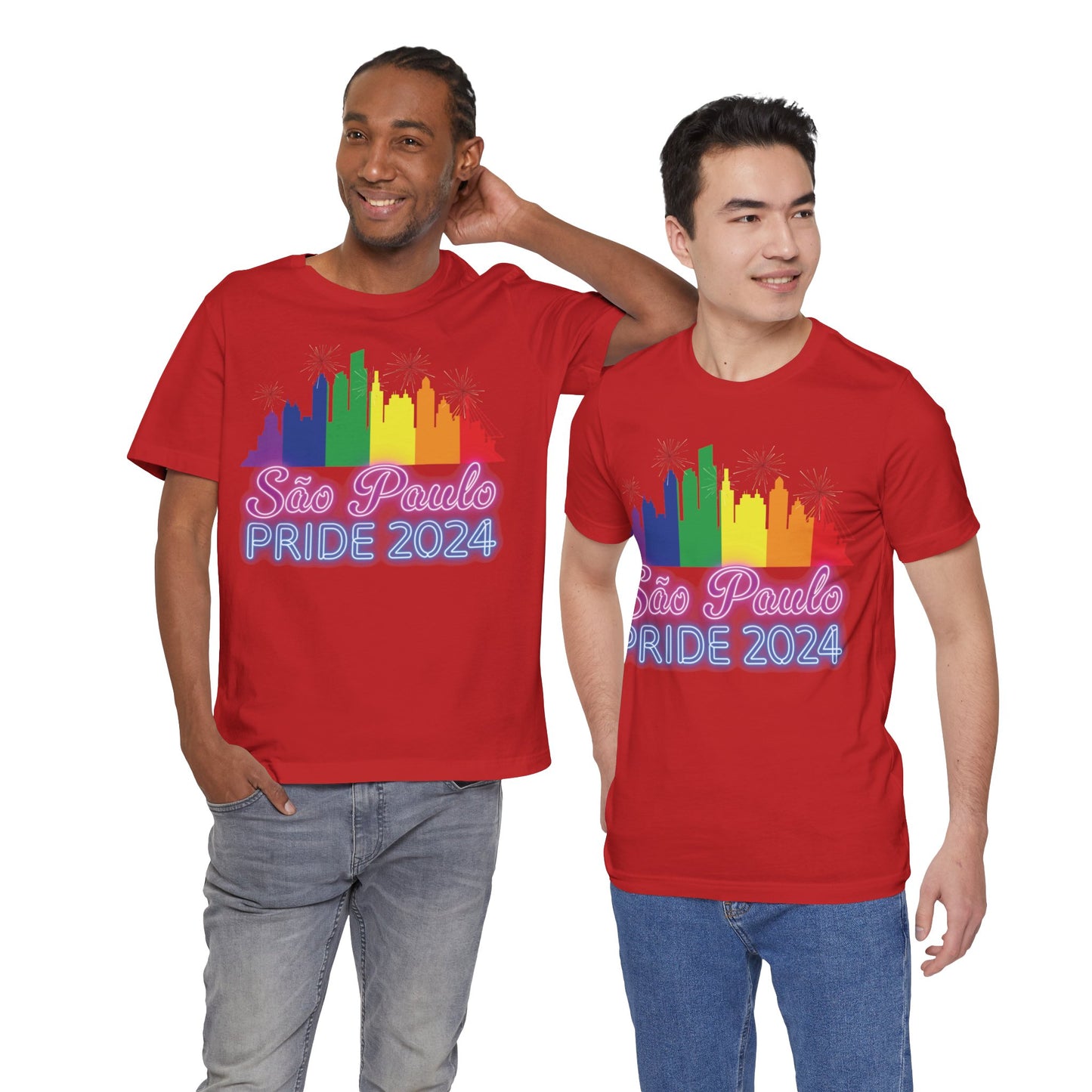 São Paulo Pride 2024 Unisex T-Shirt - Brazil Gay Pride Parade - Rainbow Flag City Skyline - Neon Print