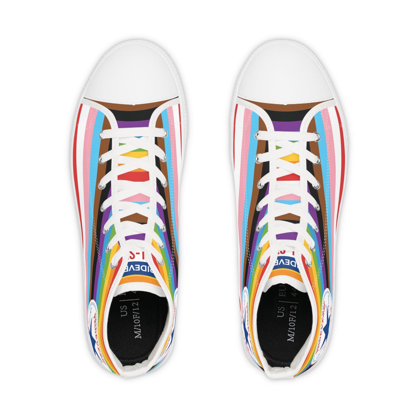 Progress Pride Men's Prideverse High Top Sneakers - LGBTQ Flag Shoes for PRIDE Parade - Queer Shoes - Great Coming Out or Christmas Gift