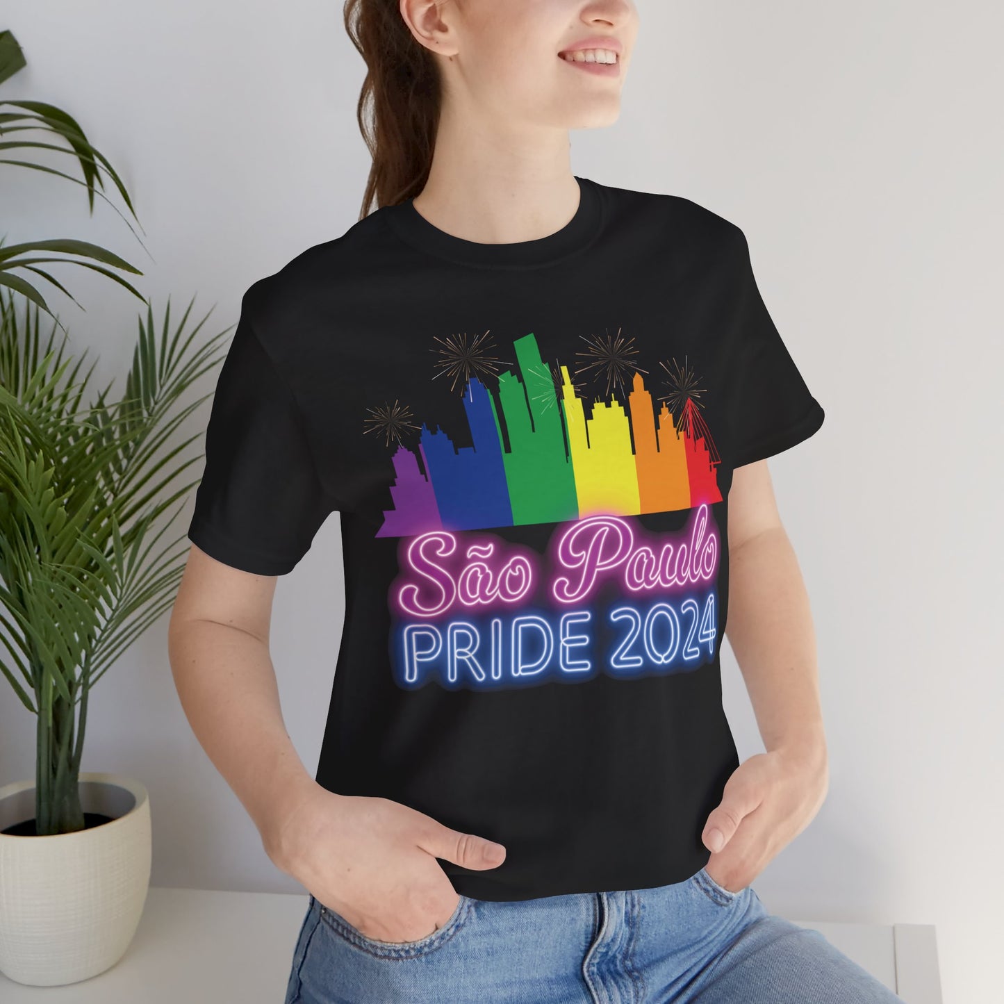 São Paulo Pride 2024 Unisex T-Shirt - Brazil Gay Pride Parade - Rainbow Flag City Skyline - Neon Print