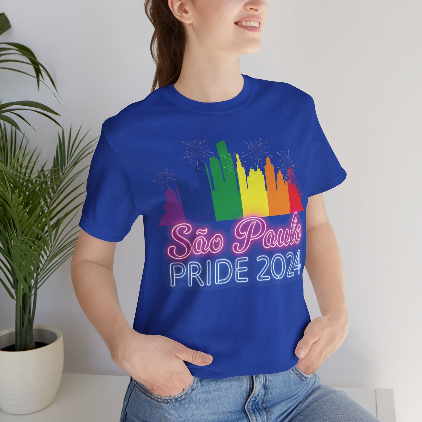 São Paulo Pride 2024 Unisex T-Shirt - Brazil Gay Pride Parade - Rainbow Flag City Skyline - Neon Print