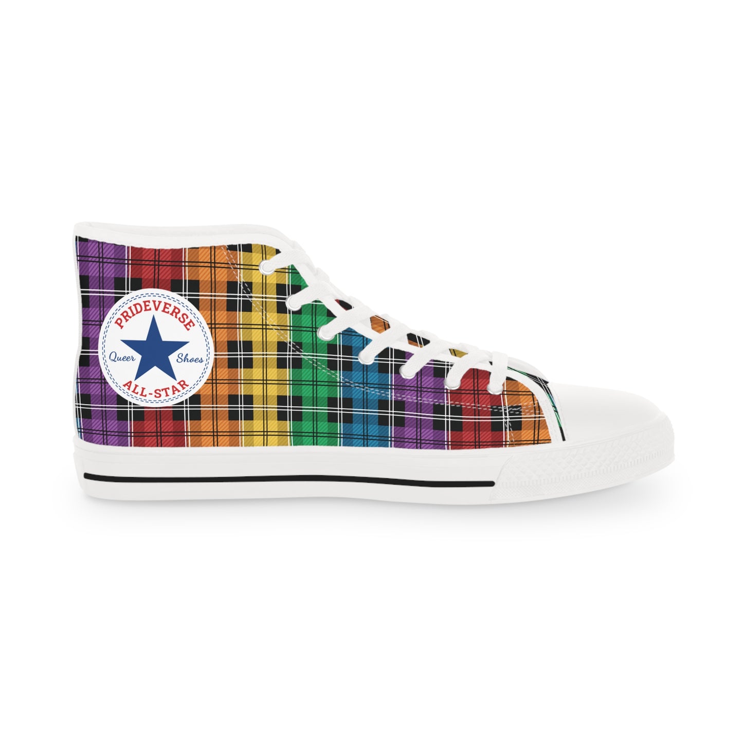 Prideverse Men's Gay Pride Flag Plaid High Top Sneakers - Red Orange Yellow Green Blue Indigo Violet Shoes - LGBTQIA LGBTQ LGBT