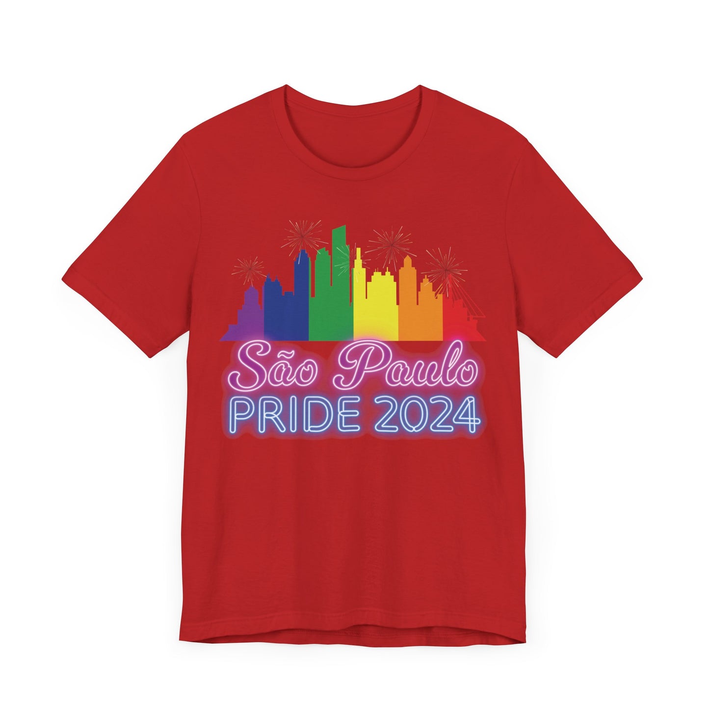 São Paulo Pride 2024 Unisex T-Shirt - Brazil Gay Pride Parade - Rainbow Flag City Skyline - Neon Print