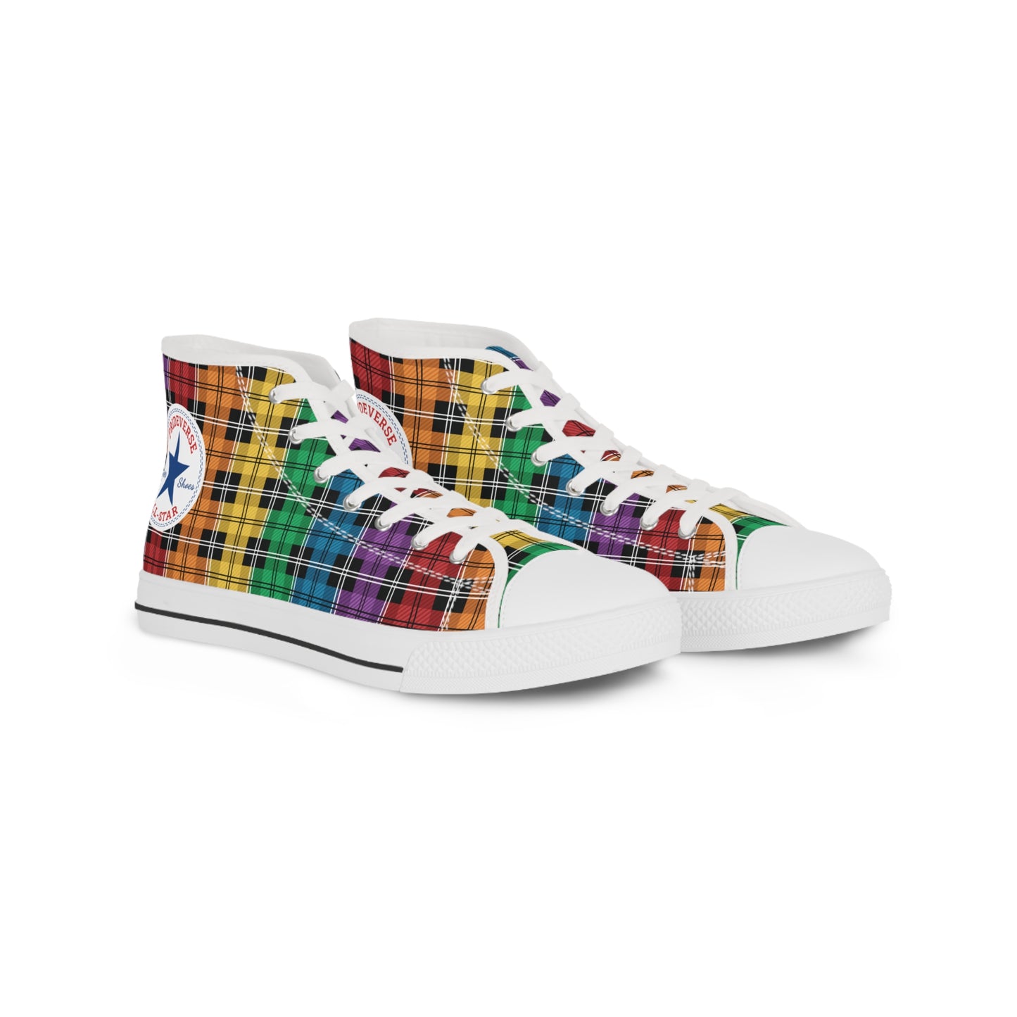 Prideverse Men's Gay Pride Flag Plaid High Top Sneakers - Red Orange Yellow Green Blue Indigo Violet Shoes - LGBTQIA LGBTQ LGBT