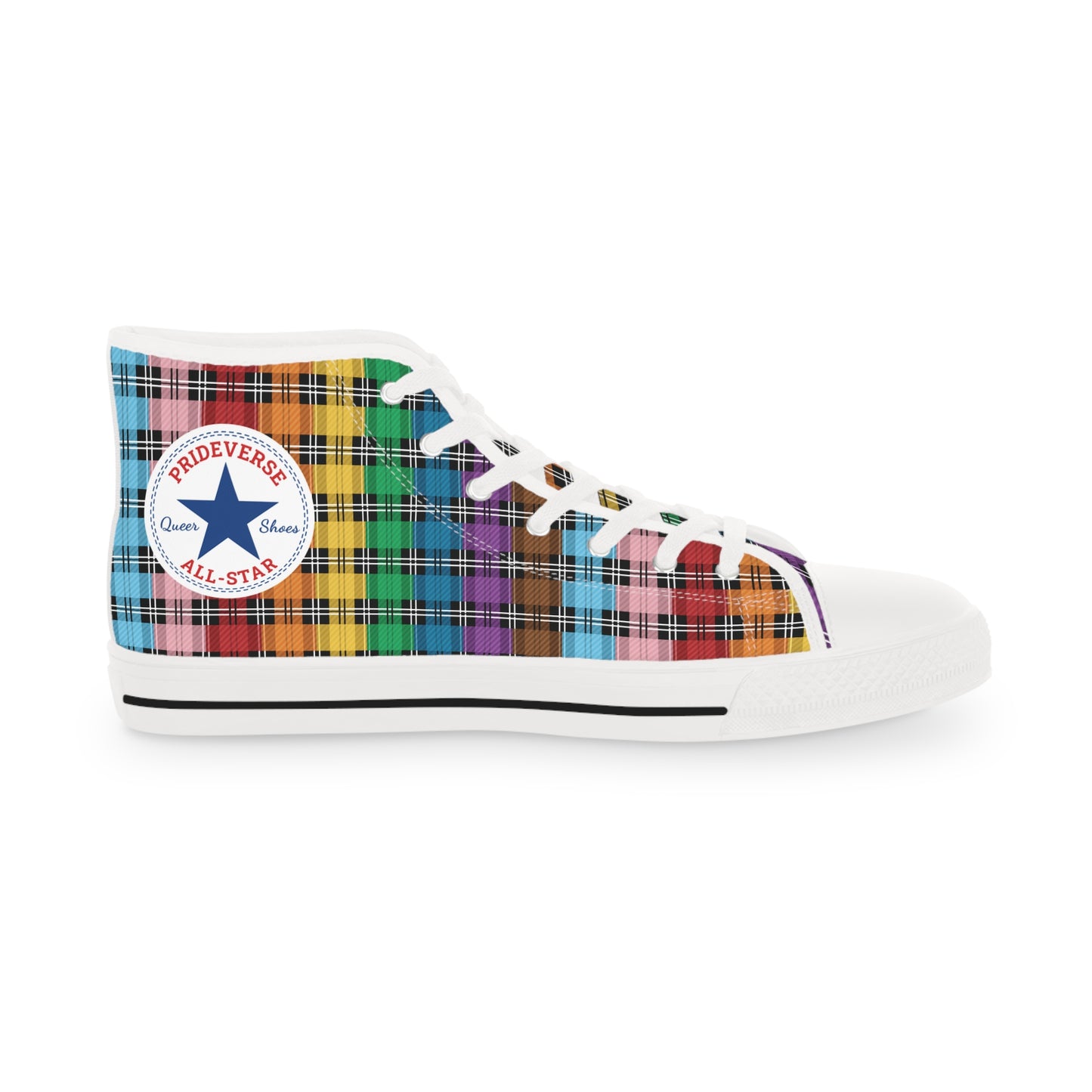 Prideverse Men's Progress Pride Flag Plaid High Top Sneakers - Red Orange Yellow Green Blue Indigo Violet Blue Pink Shoes - LGBTQIA LGBTQ LGBT