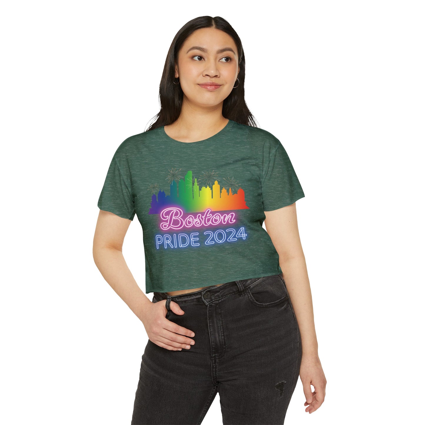 Boston Pride 2024 Neon Crop Top - Massachusetts Gay Pride Parade Cropped T-Shirt - Rainbow Flag City Skyline