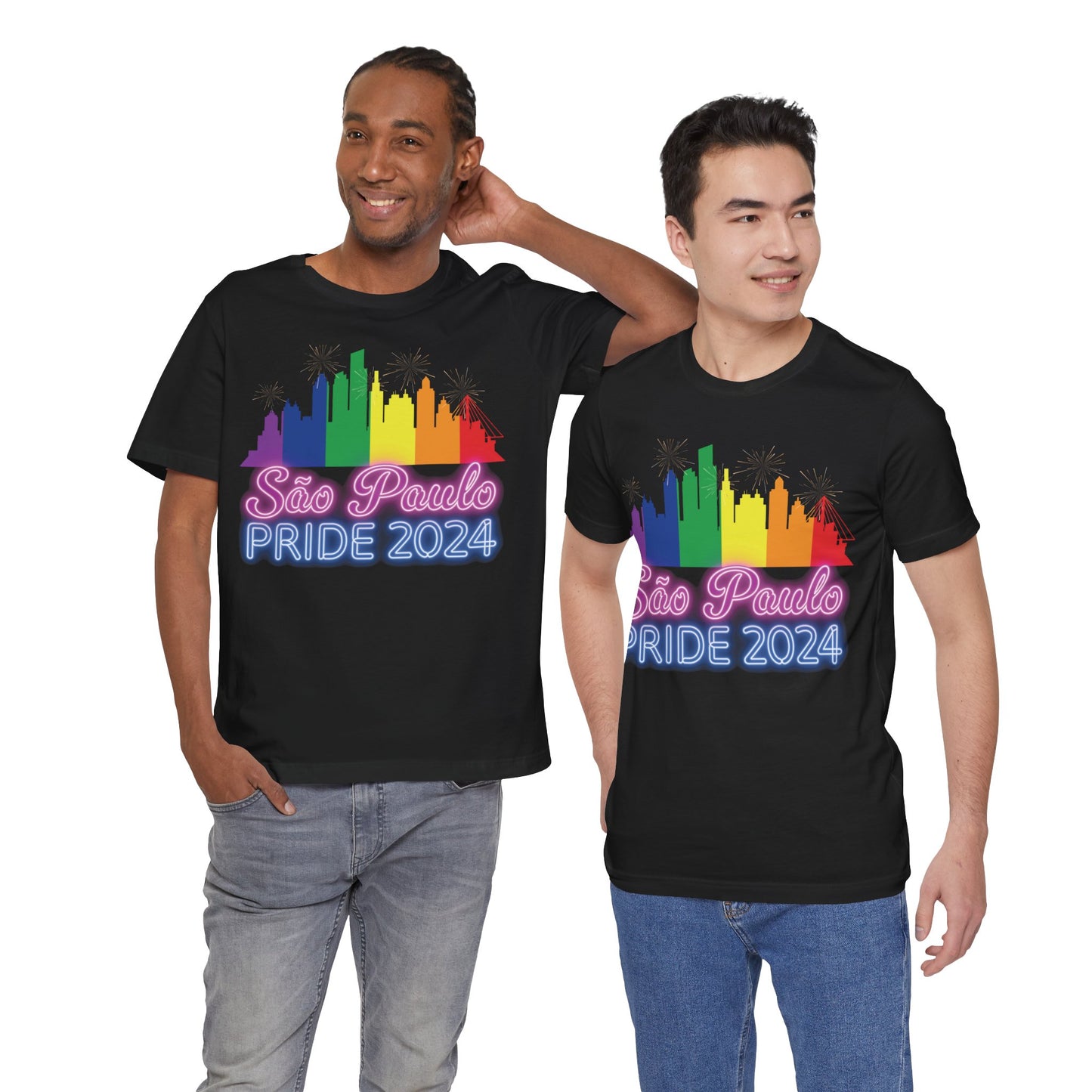 São Paulo Pride 2024 Unisex T-Shirt - Brazil Gay Pride Parade - Rainbow Flag City Skyline - Neon Print