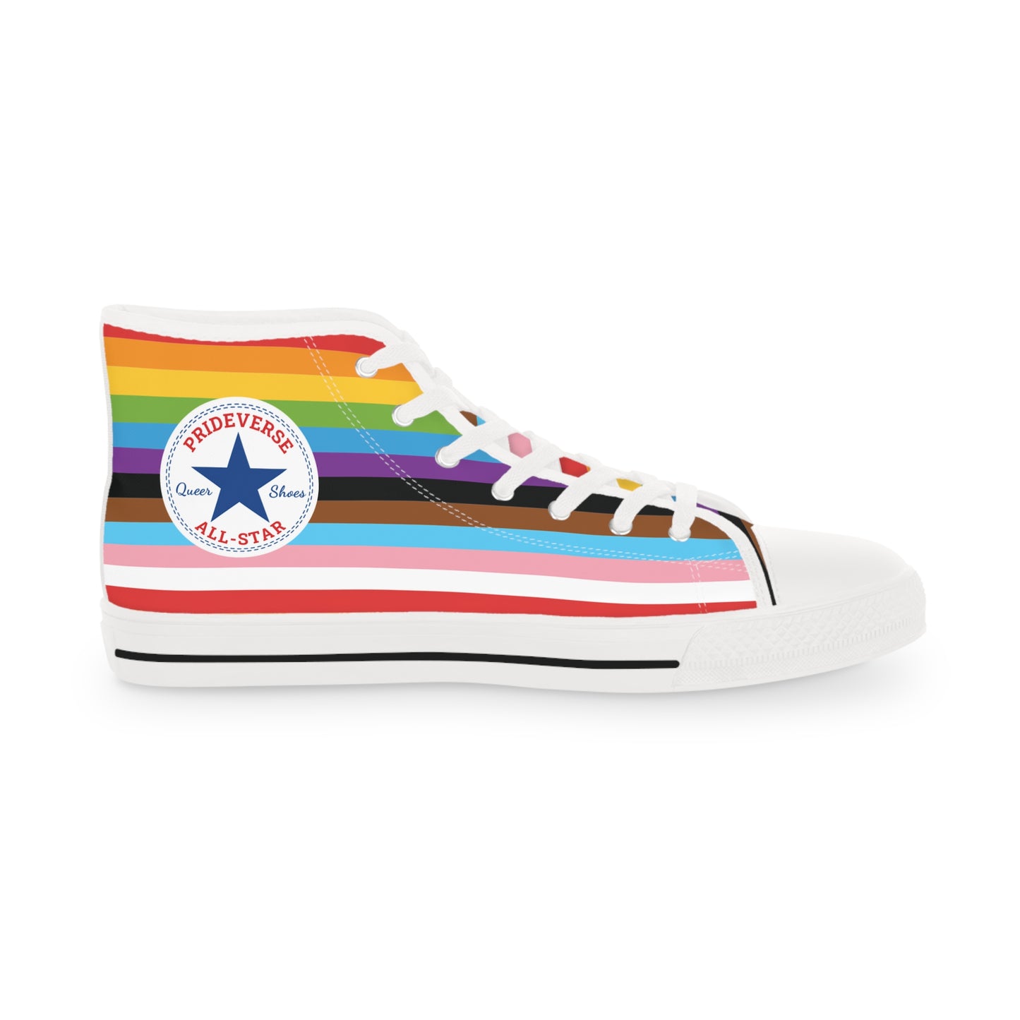 Progress Pride Men's Prideverse High Top Sneakers - LGBTQ Flag Shoes for PRIDE Parade - Queer Shoes - Great Coming Out or Christmas Gift