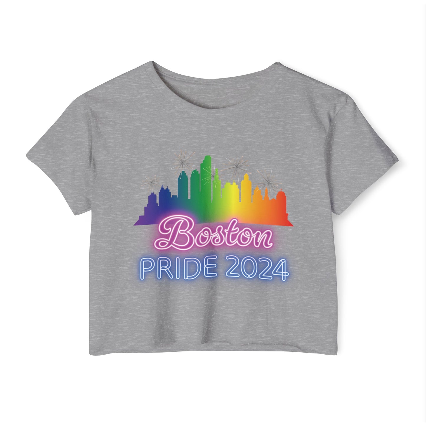 Boston Pride 2024 Neon Crop Top - Massachusetts Gay Pride Parade Cropped T-Shirt - Rainbow Flag City Skyline