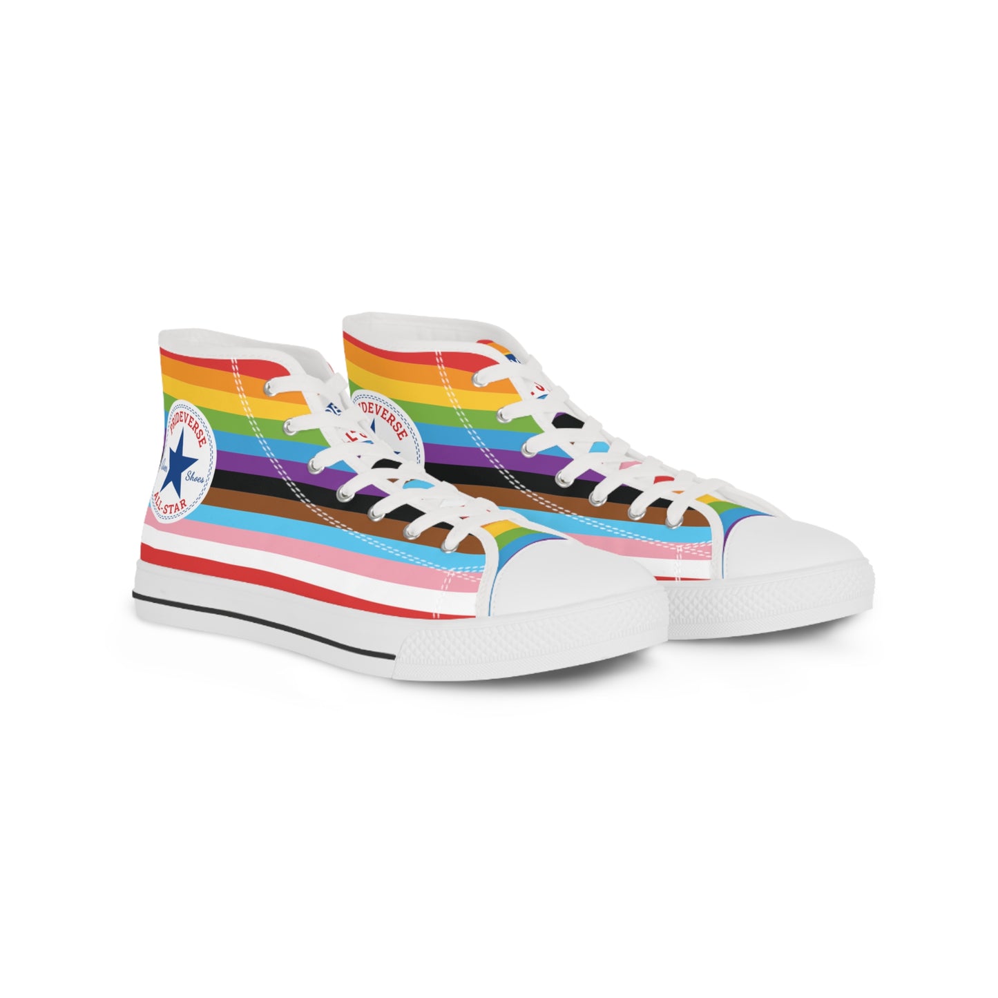 Progress Pride Men's Prideverse High Top Sneakers - LGBTQ Flag Shoes for PRIDE Parade - Queer Shoes - Great Coming Out or Christmas Gift