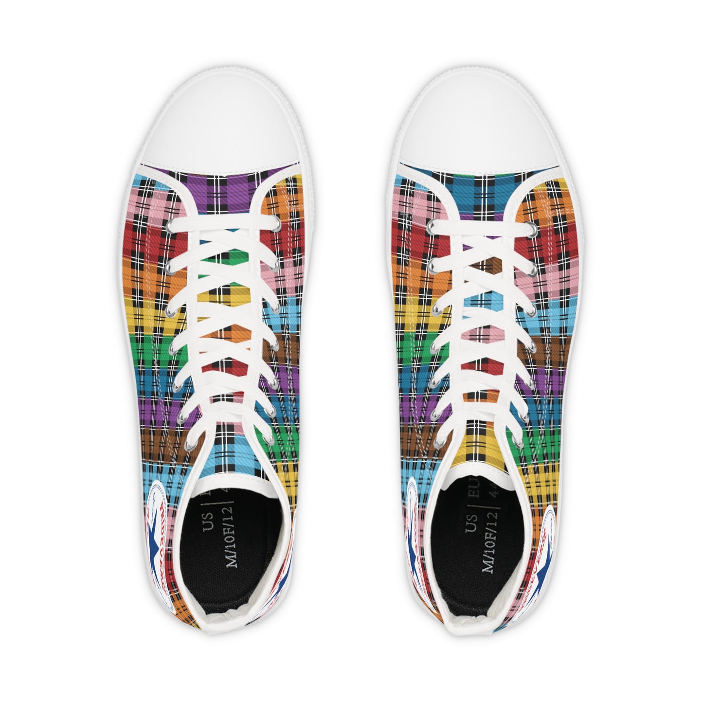 Prideverse Men's Progress Pride Flag Plaid High Top Sneakers - Red Orange Yellow Green Blue Indigo Violet Blue Pink Shoes - LGBTQIA LGBTQ LGBT