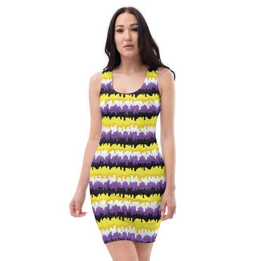 Non Binary Pride Bodycon Dress - LGBTQIA Yellow, Purple, White, Black Flag Sexy Fitted Dress - Parade Club Vacation