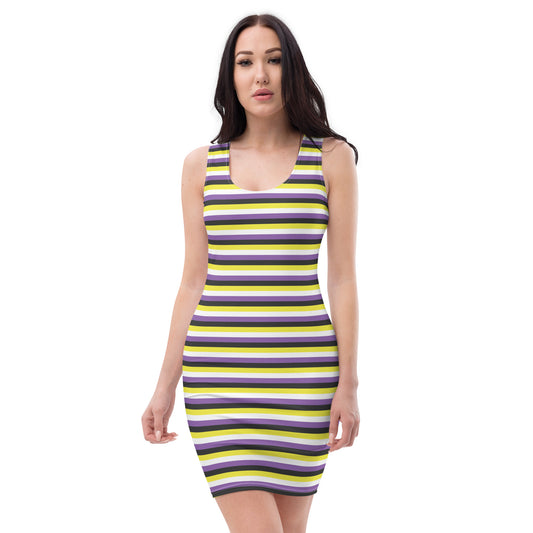 Non Binary Pride Bodycon Dress - LGBTQIA Yellow, Purple, White, Black Flag Sexy Fitted Dress - Parade Club Vacation