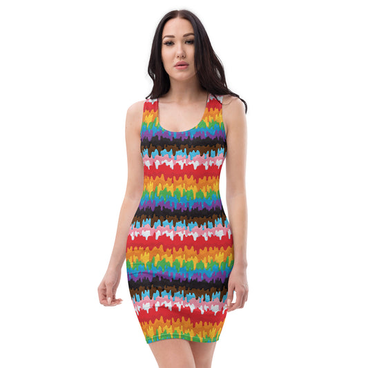 Progress Pride Pride Bodycon Dress - LGBTQIA Red, Orange, Yellow, Green, Rainbow, Purple, Black, Pink and White Flag Sexy Fitted Dress - Parade Club Vacation