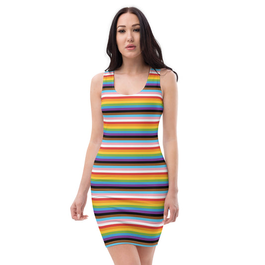 Progress Pride Pride Bodycon Dress - LGBTQIA Red, Orange, Yellow, Green, Rainbow, Purple, Black, Pink and White Flag Sexy Fitted Dress - Parade Club Vacation