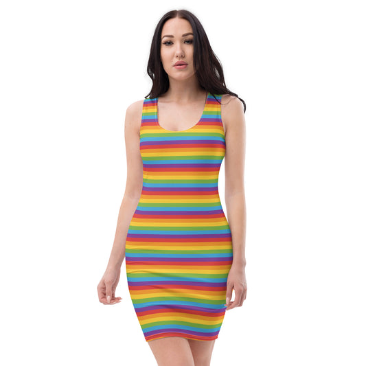 Rainbow Pride Bodycon Dress - LGBTQIA Red, Orange, Yellow, Green, Blue, Indigo, and Viole Flag Sexy Fitted Dress - Parade Club Vacation