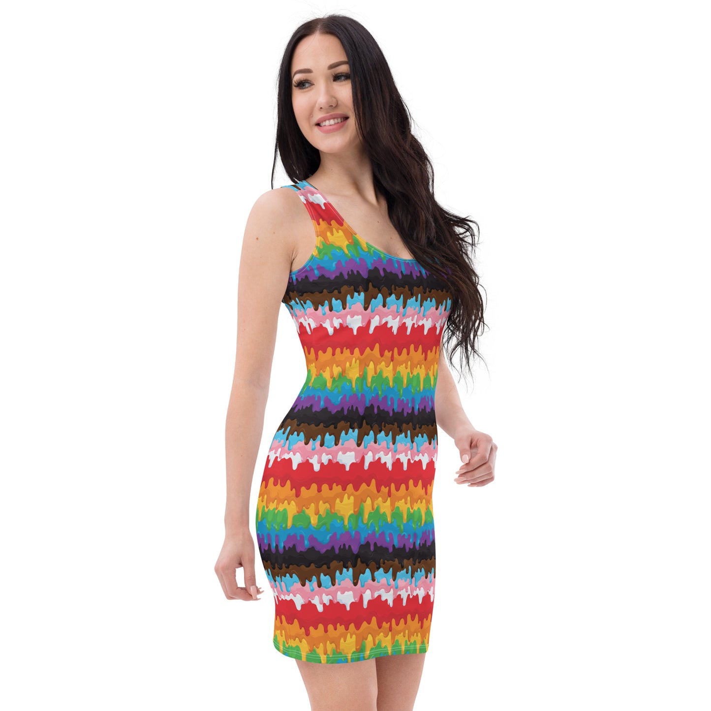 Progress Pride Pride Bodycon Dress - LGBTQIA Red, Orange, Yellow, Green, Rainbow, Purple, Black, Pink and White Flag Sexy Fitted Dress - Parade Club Vacation