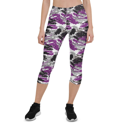 Asexual Pride Capri Leggings - LGBTQIA Black, Gray, Purple, and White  Flag Activewear Pants - Parade Club Vacation Running Workout