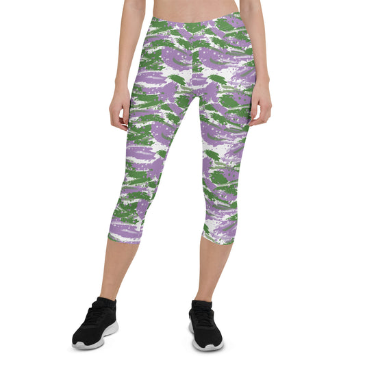 Gender Queer Pride  Capri Leggings - LGBTQIA Purple, White, Green Flag Activewear Pants - Parade Club Vacation Running Workout