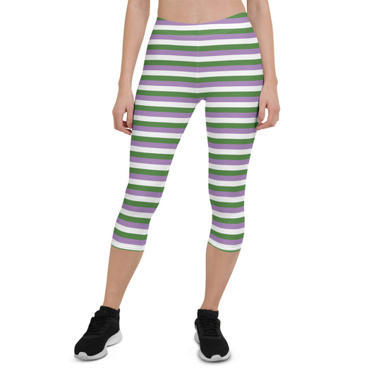 Gender Queer Pride  Capri Leggings - LGBTQIA Purple, White, Green Flag Activewear Pants - Parade Club Vacation Running Workout