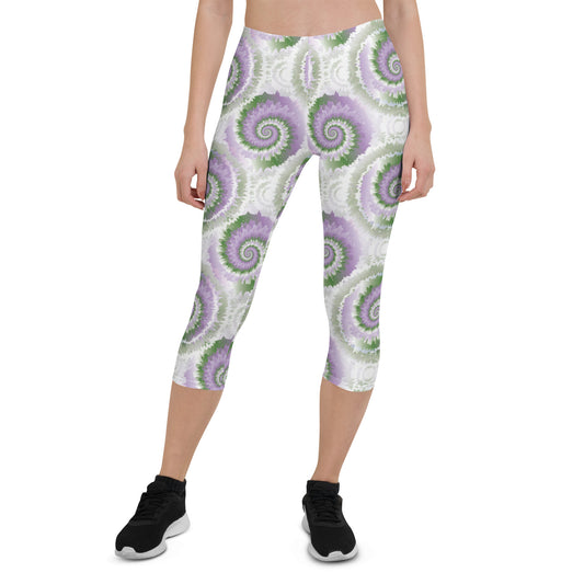 Gender Queer Pride  Capri Leggings - LGBTQIA Purple, White, Green Flag Activewear Pants - Parade Club Vacation Running Workout