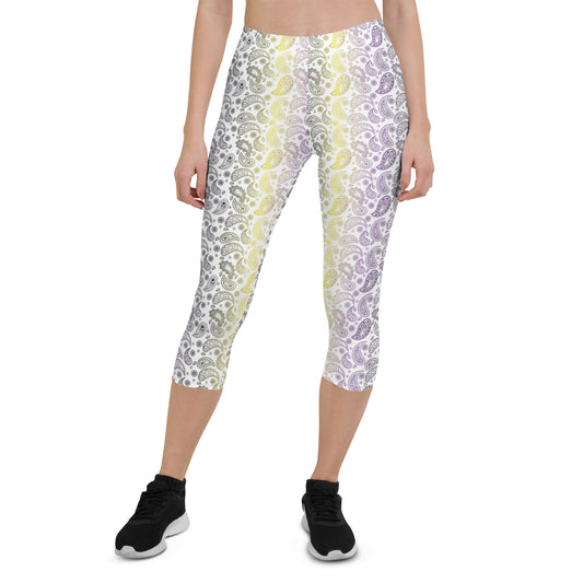 Non Binary Pride  Capri Leggings - LGBTQIA Yellow, Purple, White, Black Flag Activewear Pants - Parade Club Vacation Running Workout