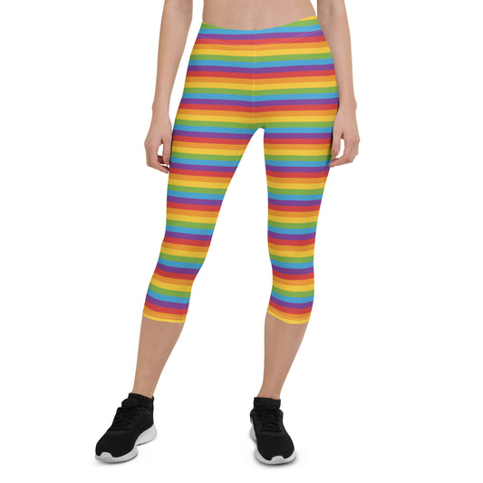 Rainbow Pride Capri Leggings - LGBTQIA Red, Orange, Yellow, Green, Blue, Indigo, and Viole Flag Activewear Pants - Parade Club Vacation Running Workout