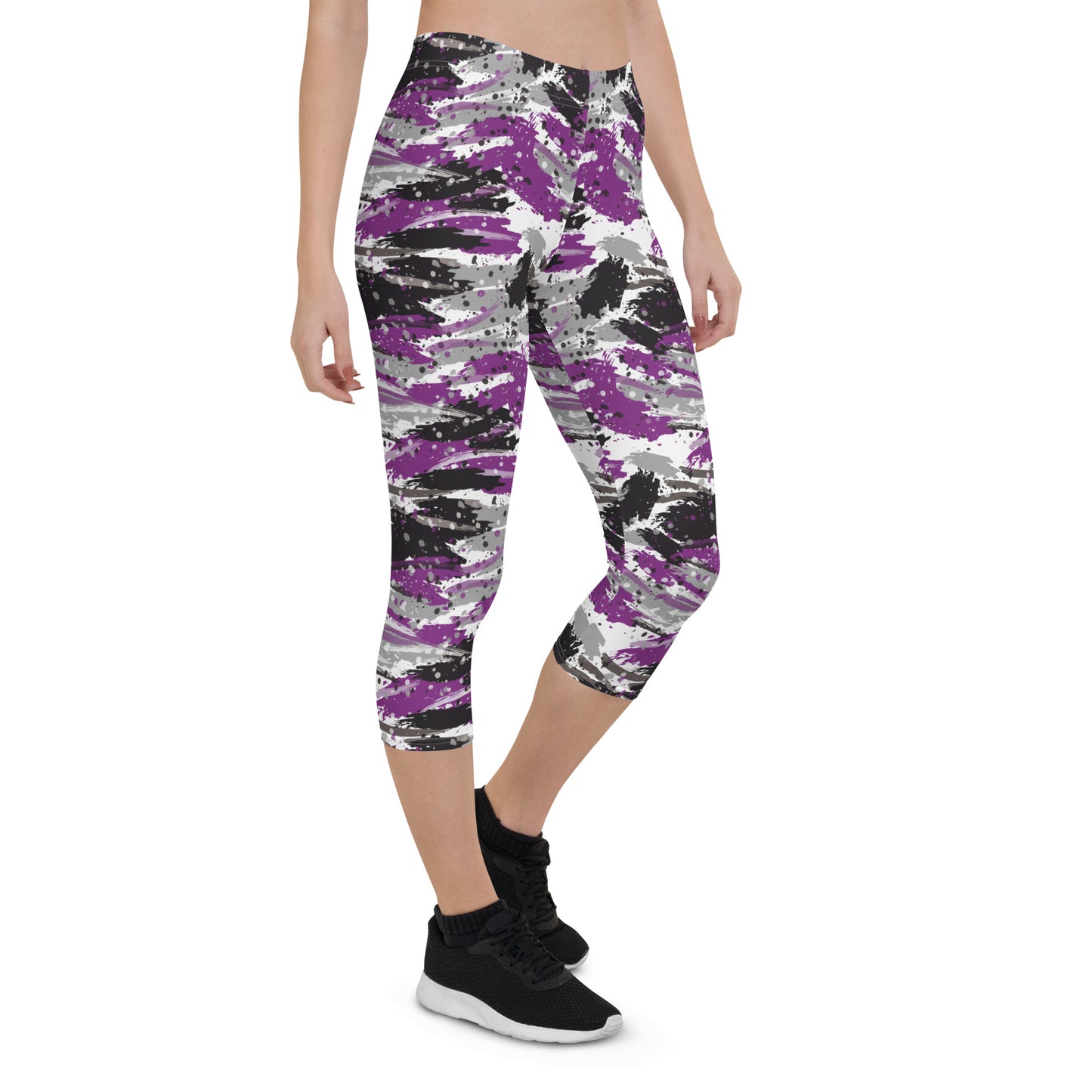 Asexual Pride Capri Leggings - LGBTQIA Black, Gray, Purple, and White  Flag Activewear Pants - Parade Club Vacation Running Workout