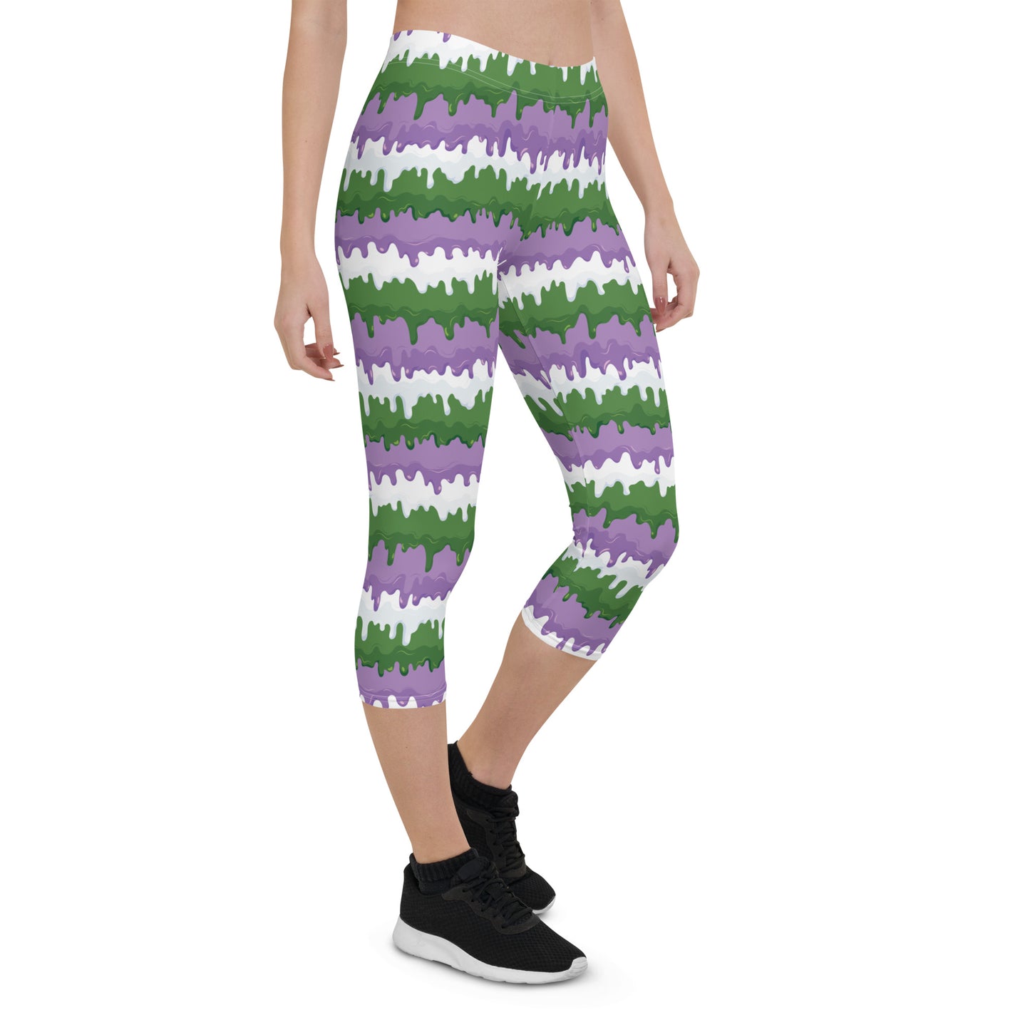 Gender Queer Pride  Capri Leggings - LGBTQIA Purple, White, Green Flag Activewear Pants - Parade Club Vacation Running Workout