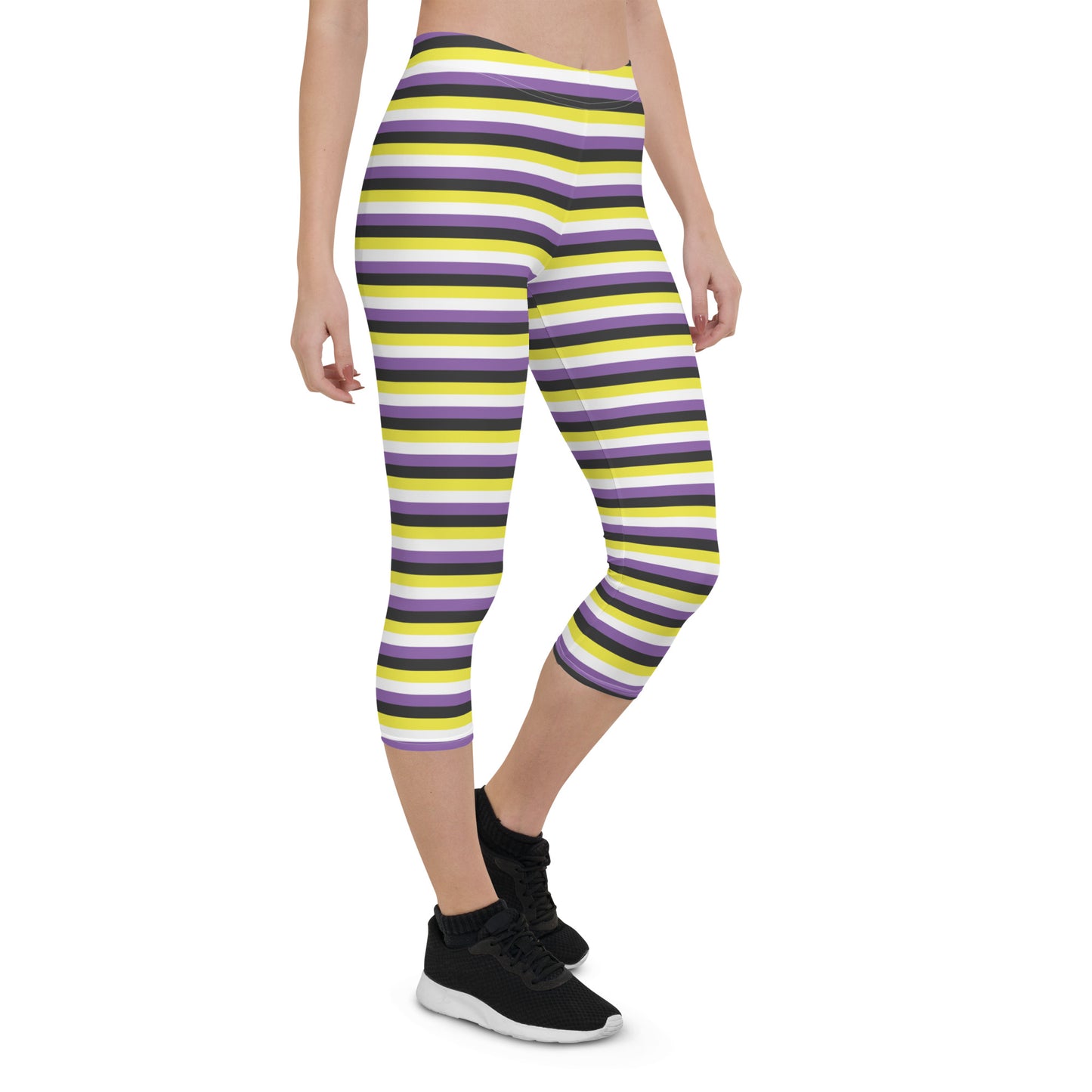 Non Binary Pride  Capri Leggings - LGBTQIA Yellow, Purple, White, Black Flag Activewear Pants - Parade Club Vacation Running Workout