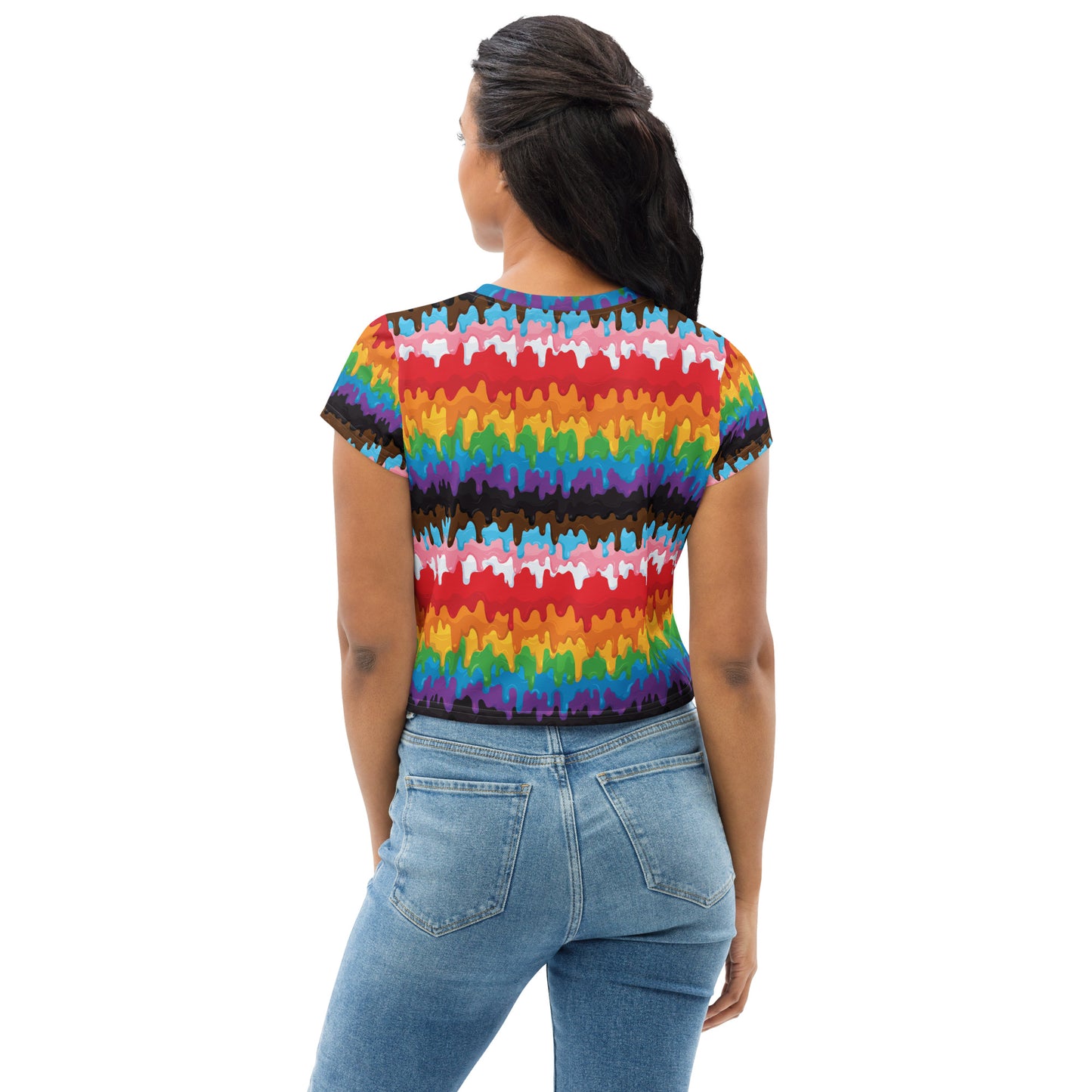 Progress Pride Pride Crop Tee Fitted Crop Tank Top - LGBTQIA Red, Orange, Yellow, Green, Rainbow, Purple, Black, Pink and White Flag Cropped T-Shirt - Parade Club Vacation