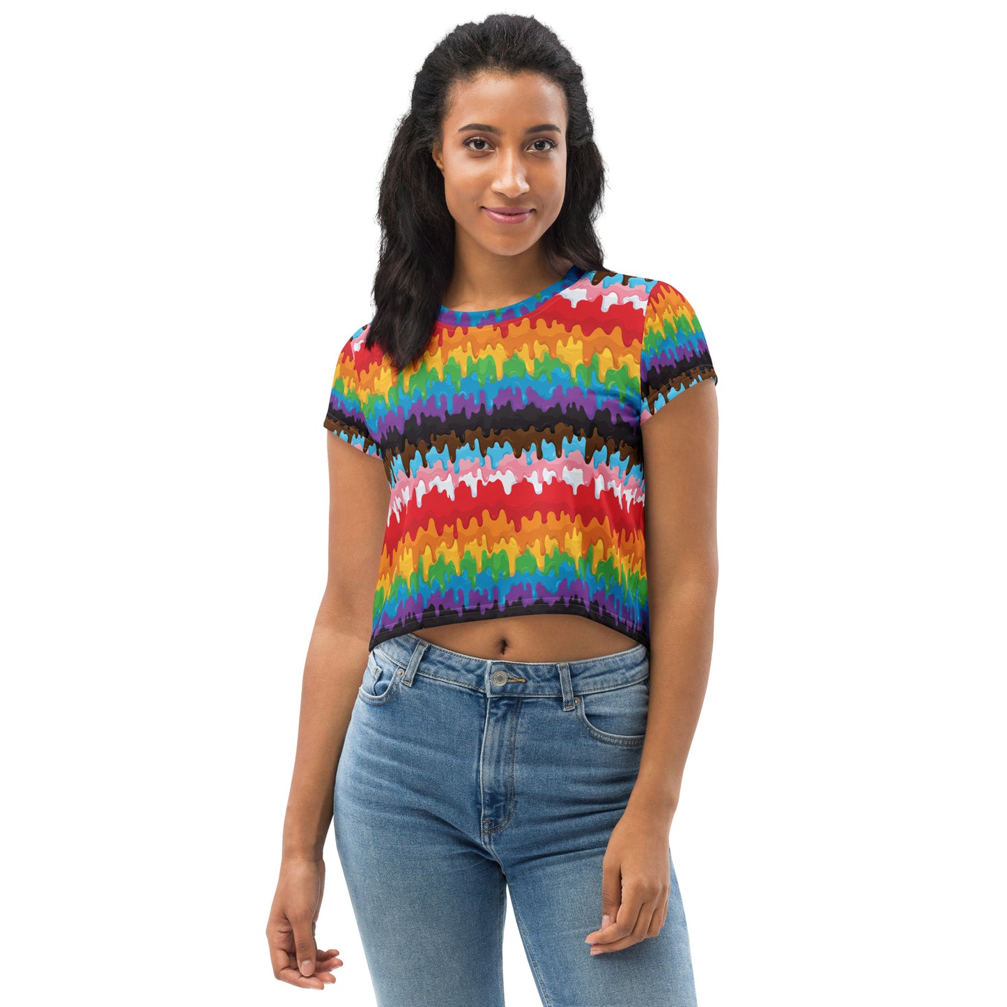 Progress Pride Pride Crop Tee Fitted Crop Tank Top - LGBTQIA Red, Orange, Yellow, Green, Rainbow, Purple, Black, Pink and White Flag Cropped T-Shirt - Parade Club Vacation