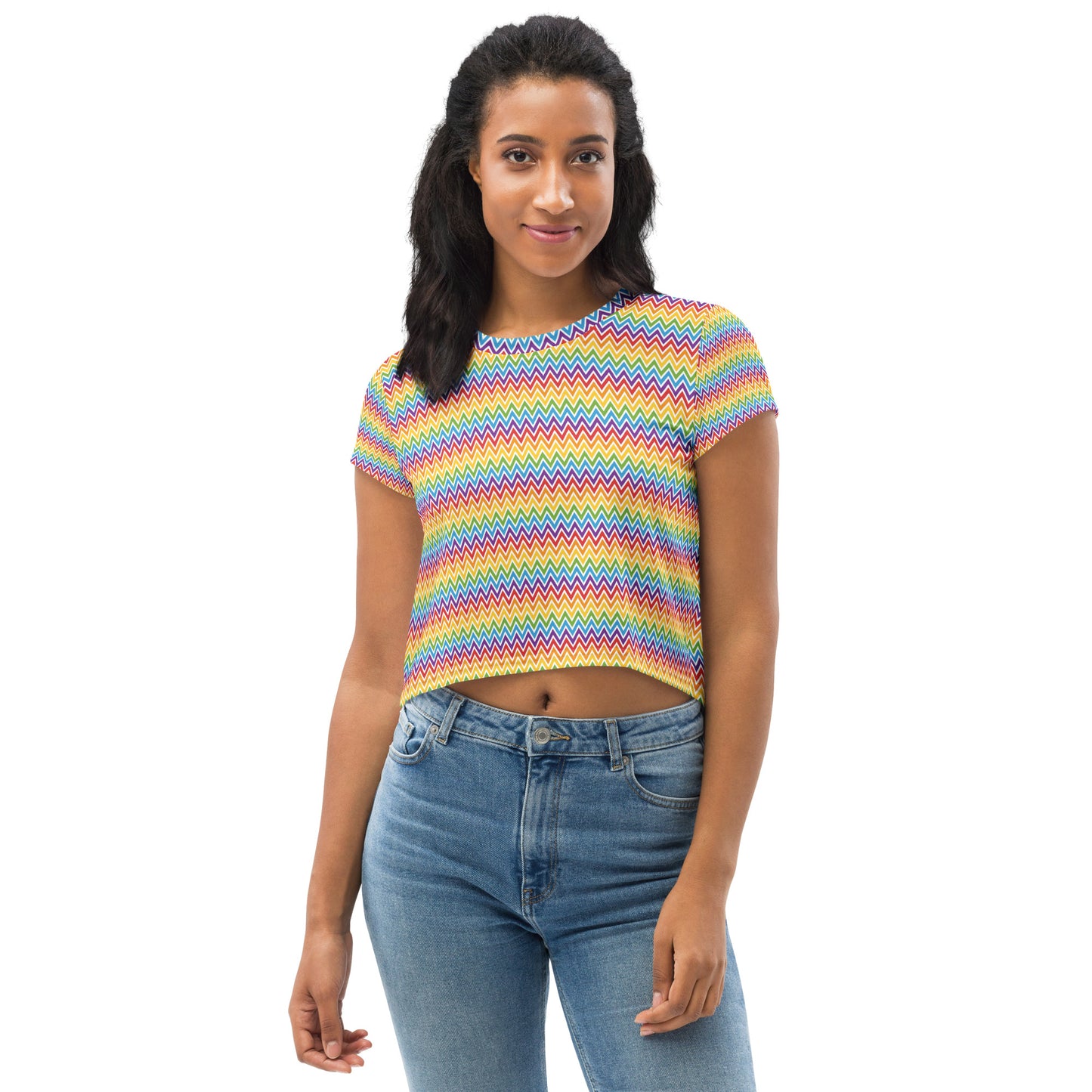 Rainbow Pride Crop Tee Fitted Crop Tank Top - LGBTQIA Red, Orange, Yellow, Green, Blue, Indigo, and Viole Flag Cropped T-Shirt - Parade Club Vacation