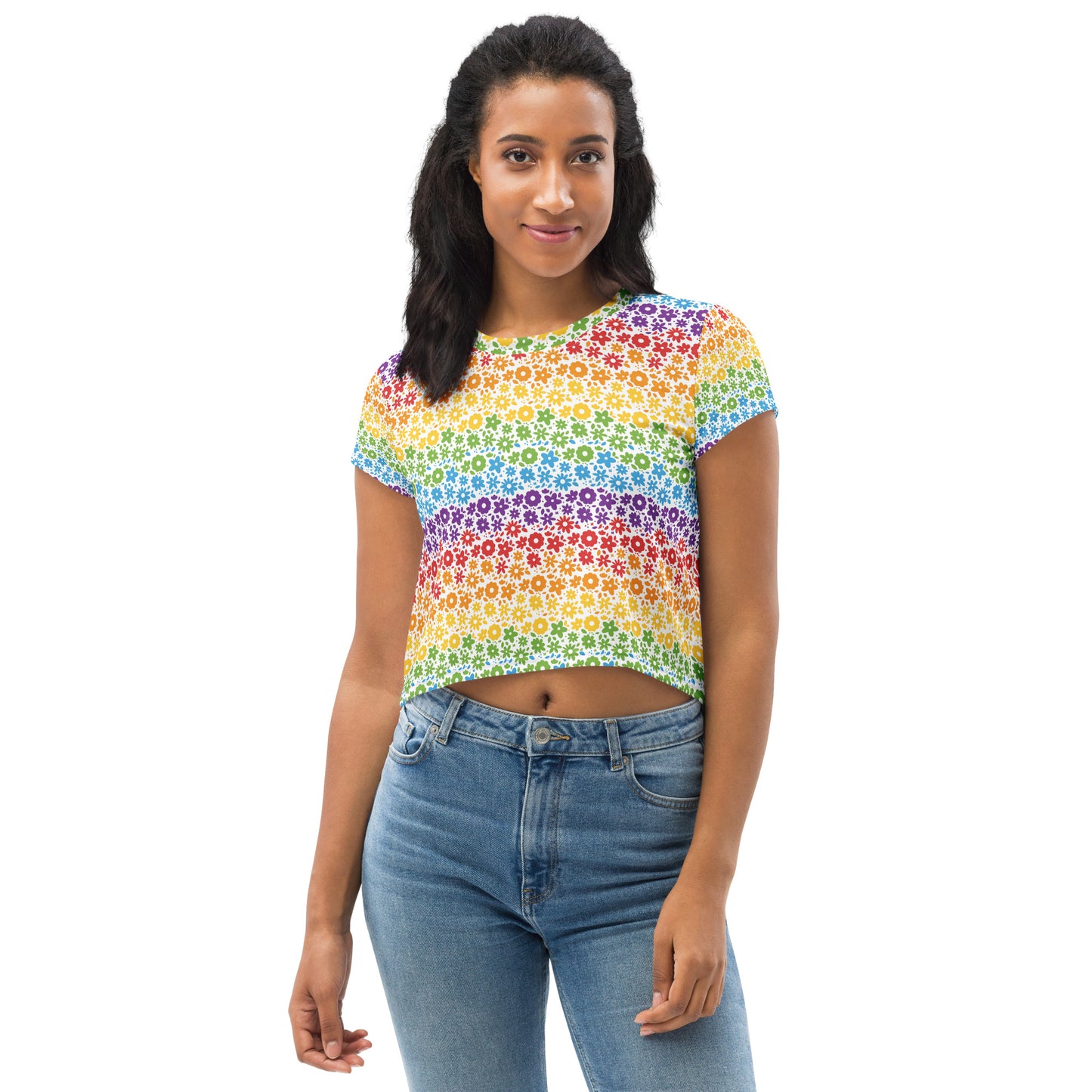 Rainbow Pride Crop Tee Fitted Crop Tank Top - LGBTQIA Red, Orange, Yellow, Green, Blue, Indigo, and Viole Flag Cropped T-Shirt - Parade Club Vacation